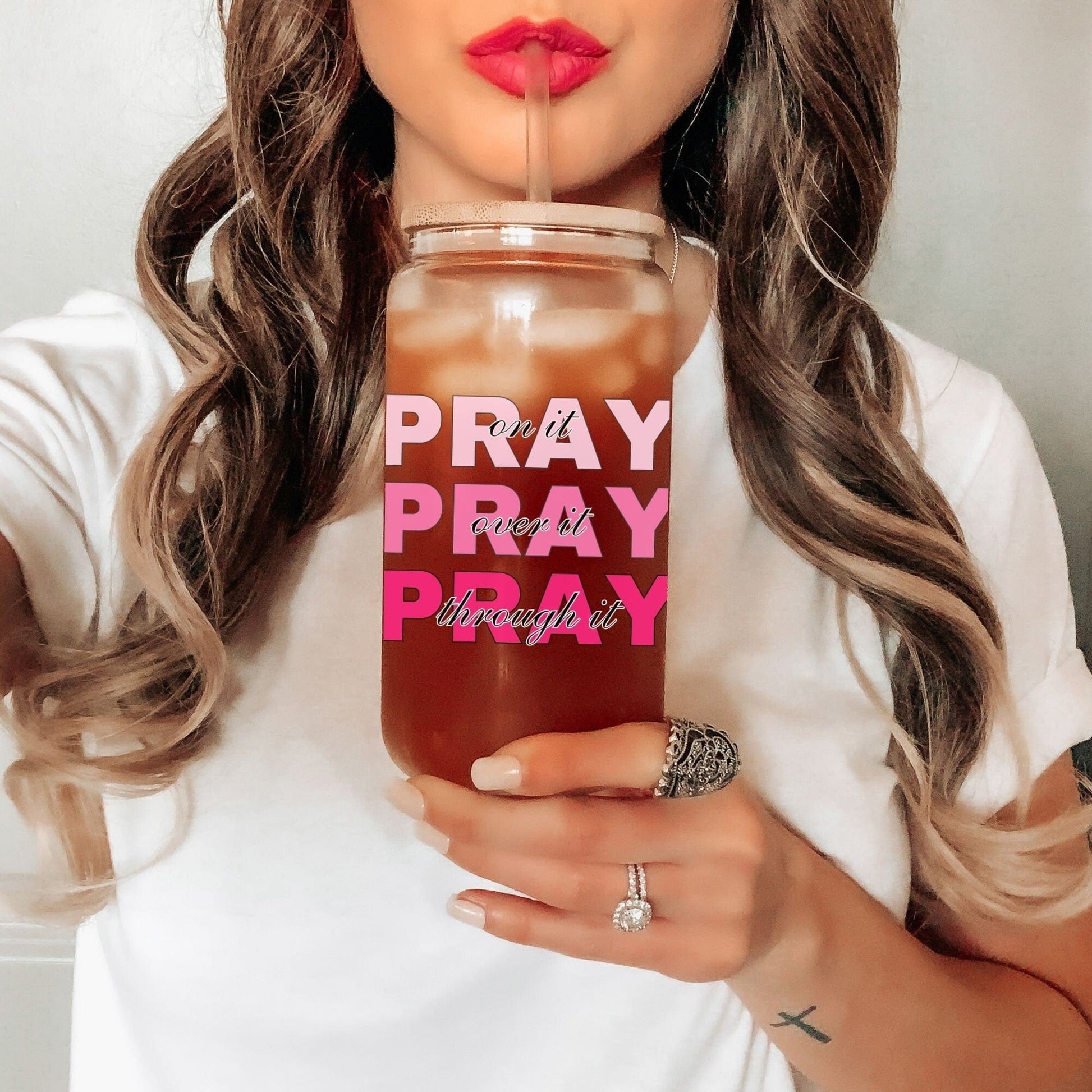 Pray on it Christian Iced Coffee Tumbler Religious Frosted Cup Faith Cup Prayer Tumbler with Straw Pray Through it Inspirational Glass Coffe