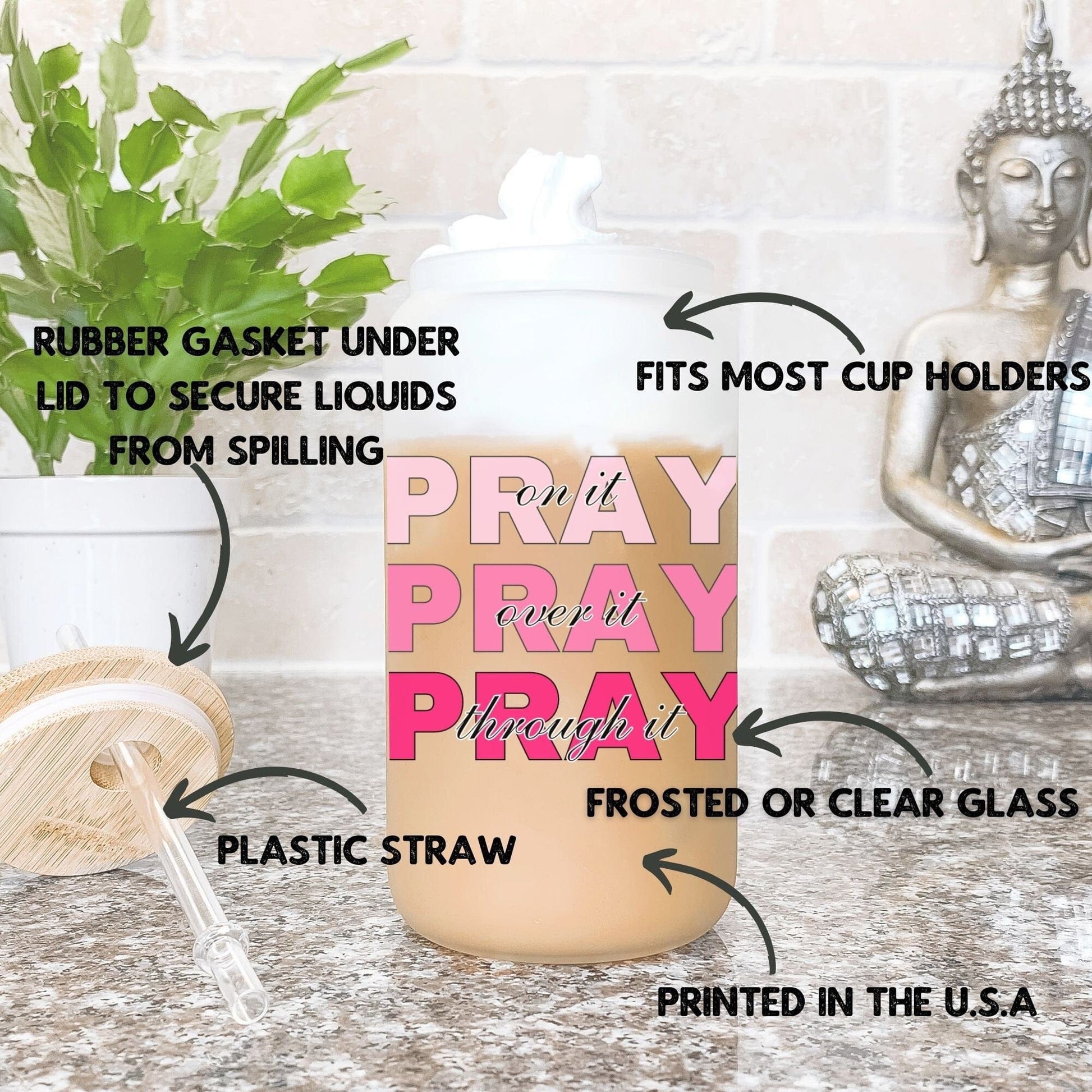 Pray on it Christian Iced Coffee Tumbler Religious Frosted Cup Faith Cup Prayer Tumbler with Straw Pray Through it Inspirational Glass Coffe