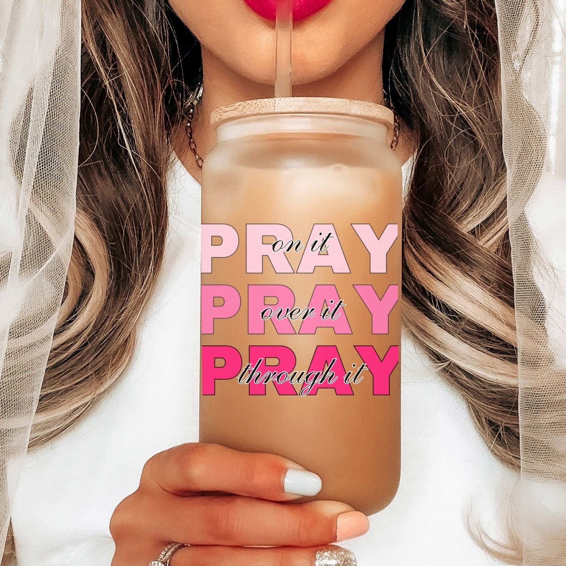 Pray on it Christian Iced Coffee Tumbler Religious Frosted Cup Faith Cup Prayer Tumbler with Straw Pray Through it Inspirational Glass Coffe