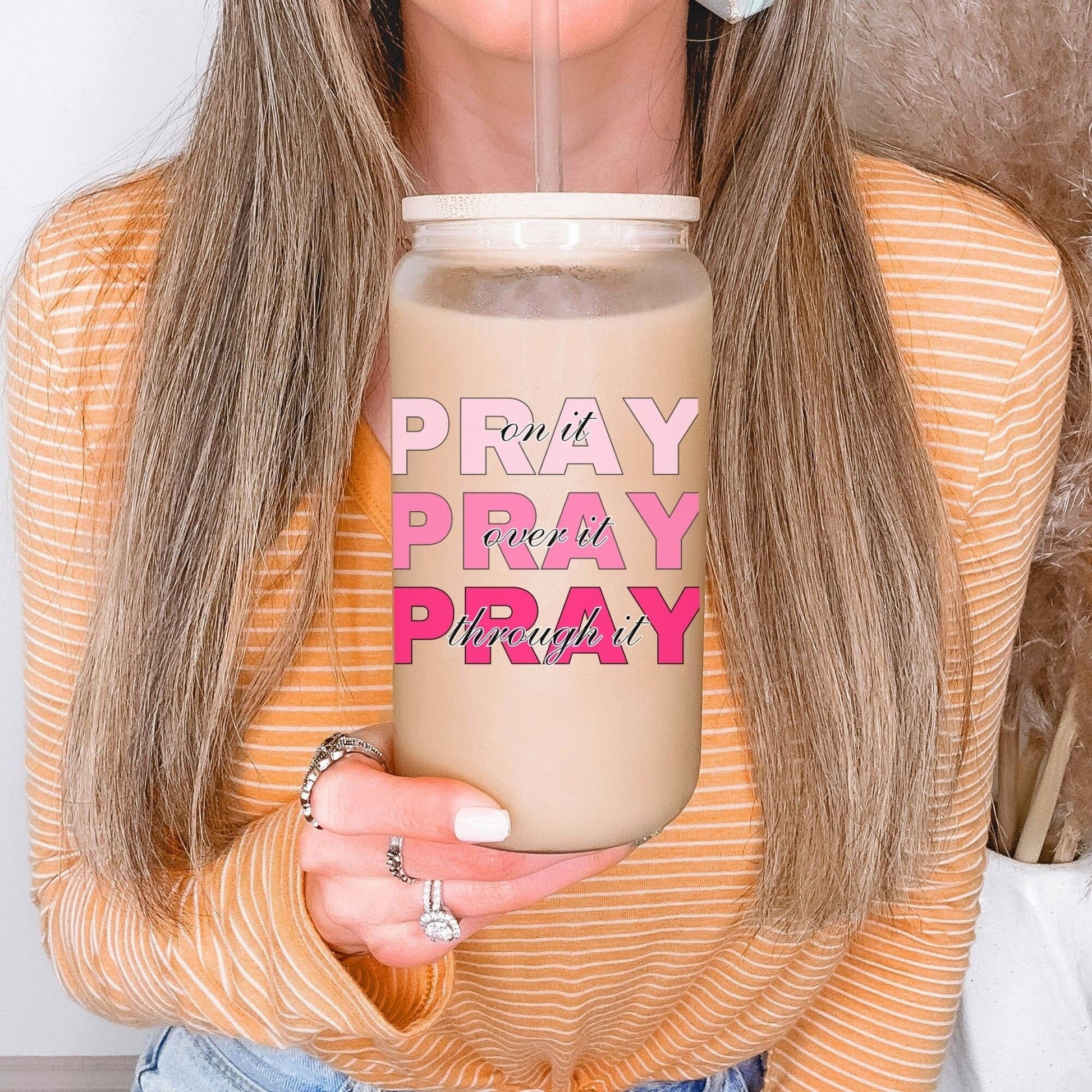 Pray on it Christian Iced Coffee Tumbler Religious Frosted Cup Faith Cup Prayer Tumbler with Straw Pray Through it Inspirational Glass Coffe