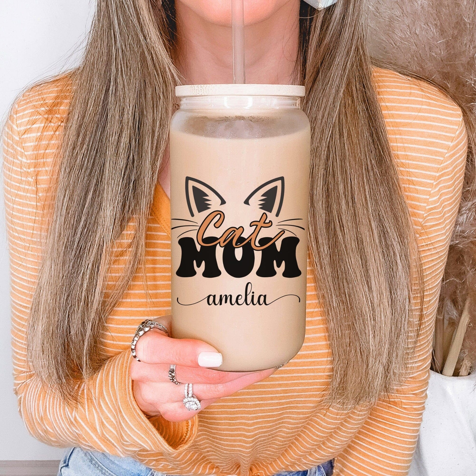 Custom Dog Mom Beer can glass with bamboo Lid Dog Mom Glass mug Cat Mom Iced Coffee Cup Dog Lover Gift Cat Lover Gift Dog New Dog New Pet