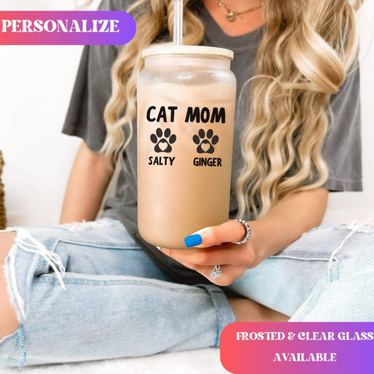 Custom Dog Mom Beer can glass with bamboo Lid Dog Mom Glass mug Cat Mom Iced Coffee Cup Dog Lover Gift Cat Lover Gift Dog New Dog New Pet