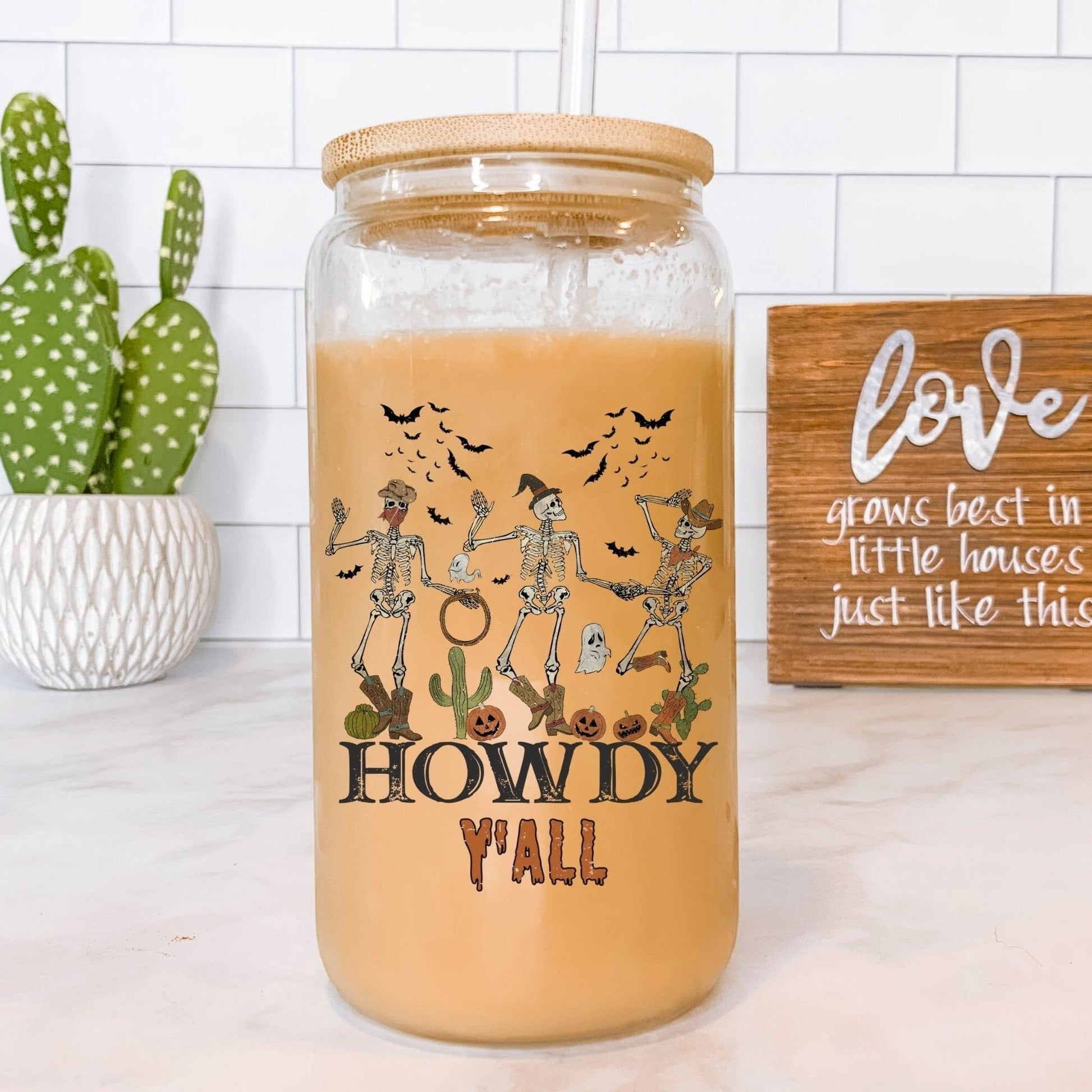 Howdy Y'all Cowboy Skeleton Frosted Iced Coffee Cup Funny Halloween Tumbler with Straw Dancing Skeletons 16oz beer Glass Can Tumbler Gift