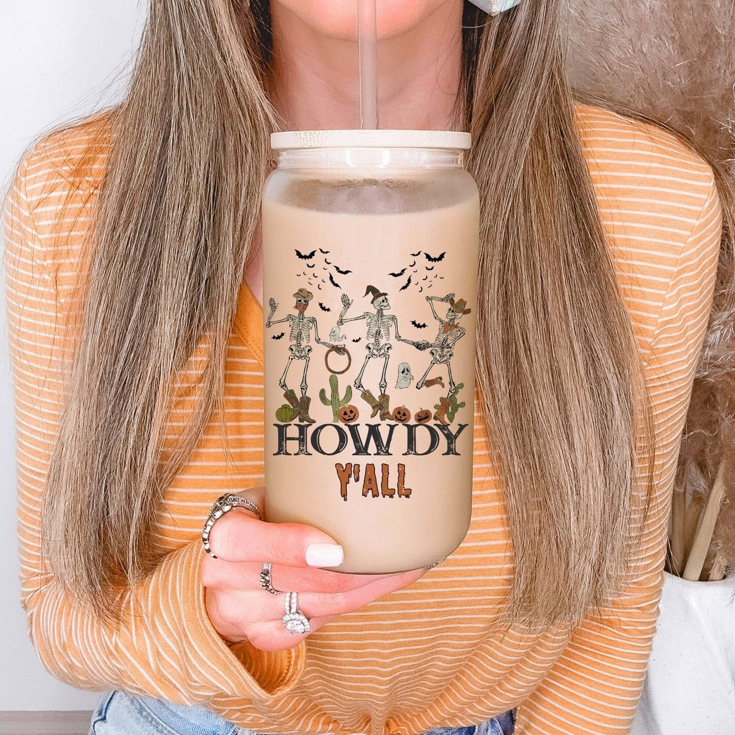 Howdy Y'all Cowboy Skeleton Frosted Iced Coffee Cup Funny Halloween Tumbler with Straw Dancing Skeletons 16oz beer Glass Can Tumbler Gift