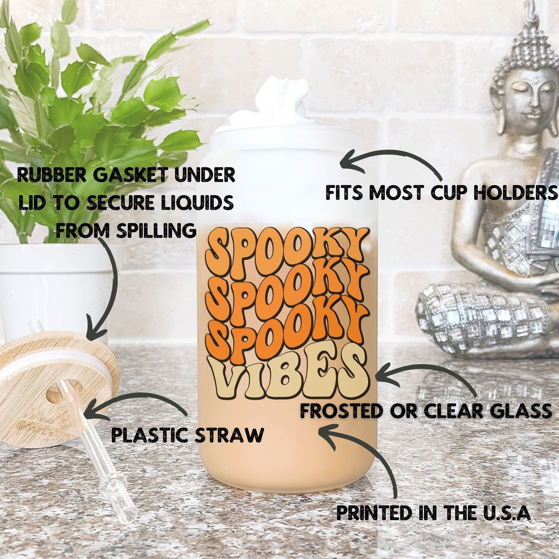 Spooky Vibes Halloween Frosted Iced Coffee Cup Cute Retro Halloween Tumbler with Straw Fall Vibes 16oz beer Glass Can Tumbler Gift for women