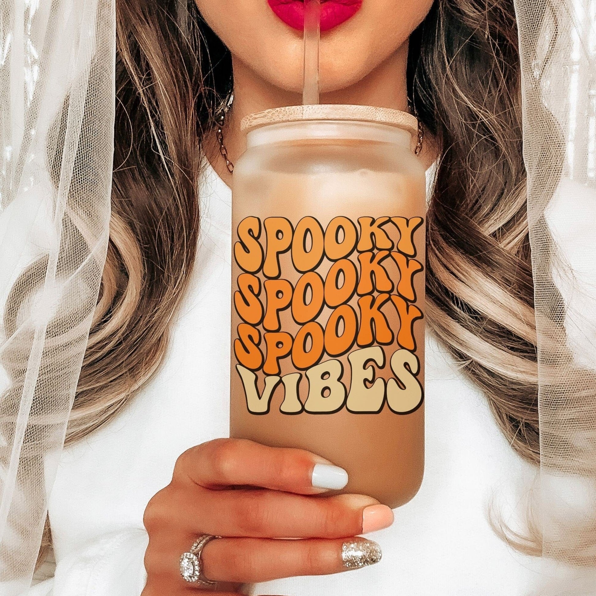 Spooky Vibes Halloween Iced Coffee Cup Cute Retro Halloween Frosted Tumbler with Straw Fall Vibes 16oz beer Glass Can Tumbler Gift for women