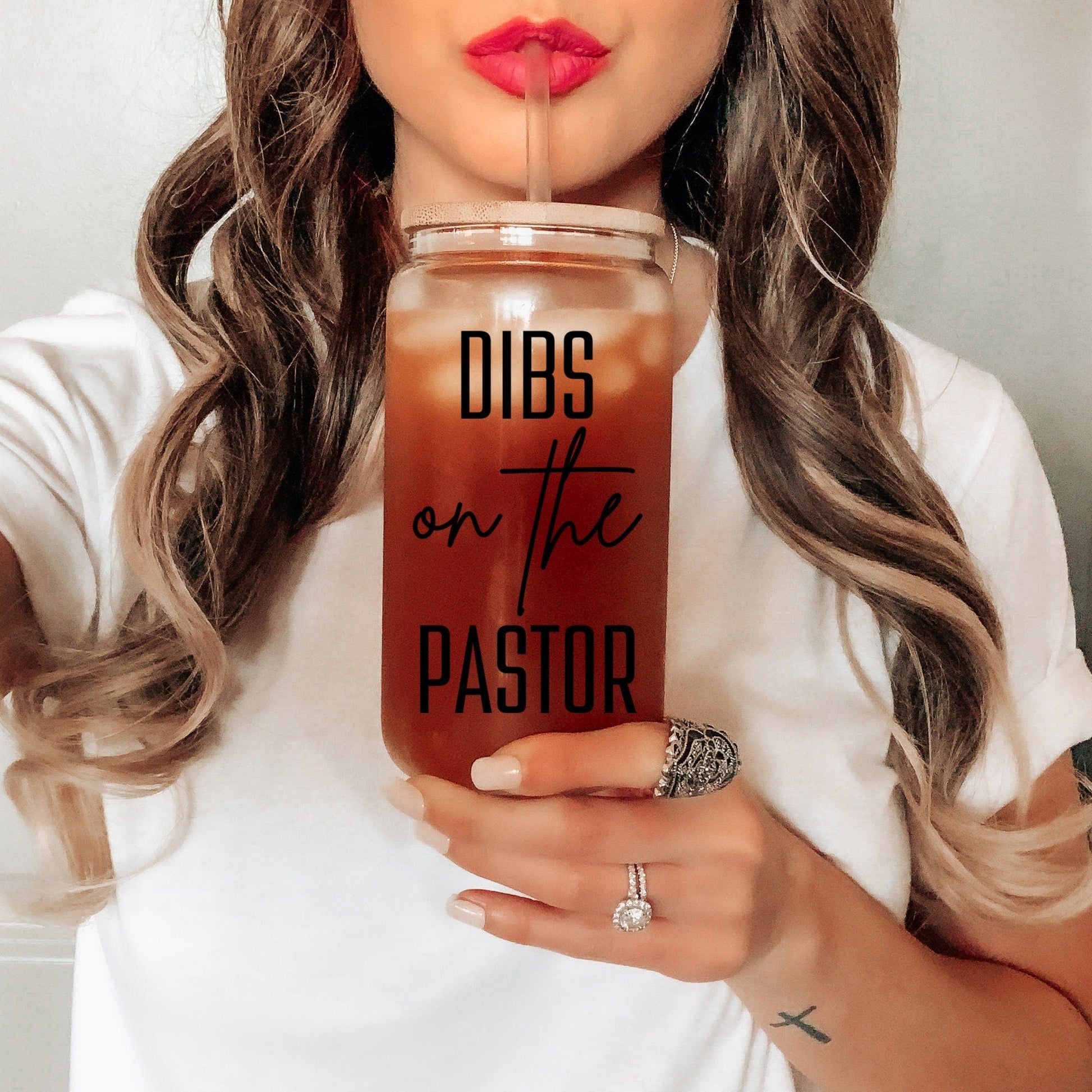 Dibs on the pastor Iced Coffee Cup Personalized Preacher Coffee Frosted Tumbler Pastors wife Glass Tumbler with straw Preacher's Wife gifts