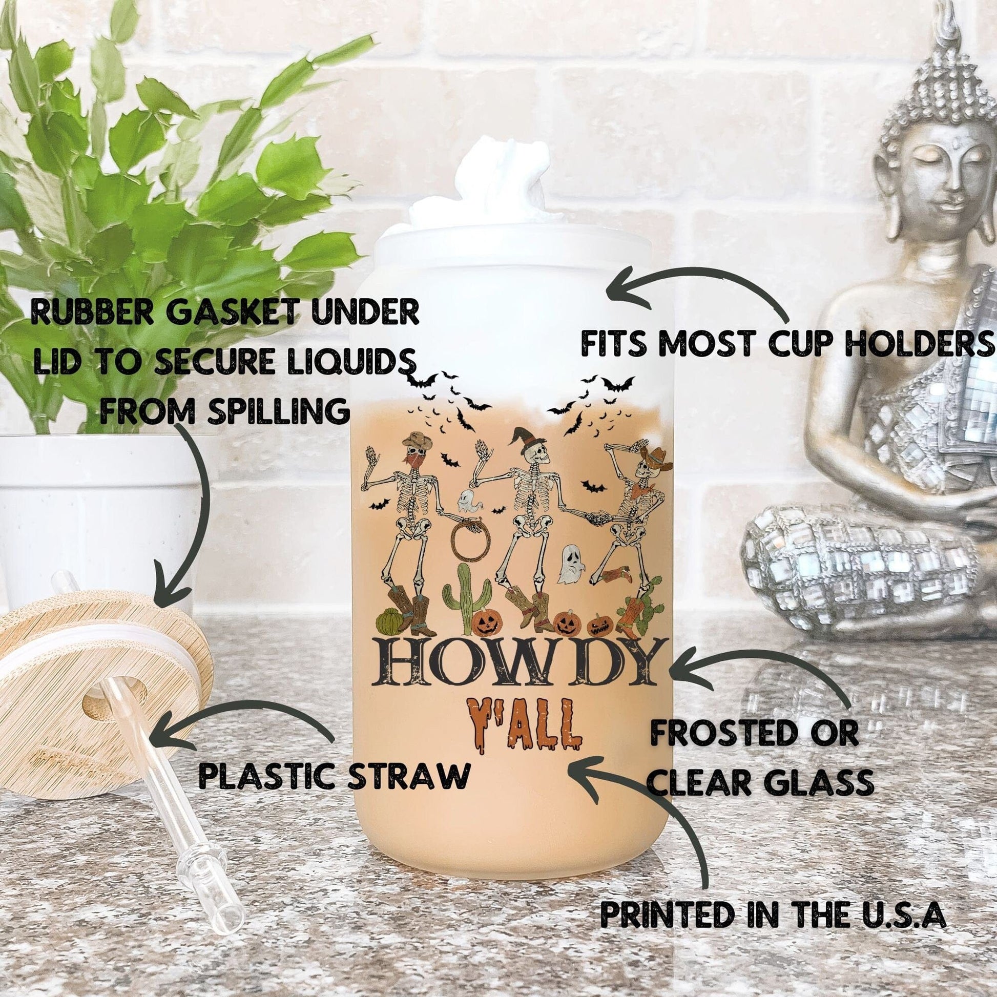 Howdy Y'all Cowboy Skeleton Frosted Iced Coffee Cup Funny Halloween Tumbler with Straw Dancing Skeletons 16oz beer Glass Can Tumbler Gift