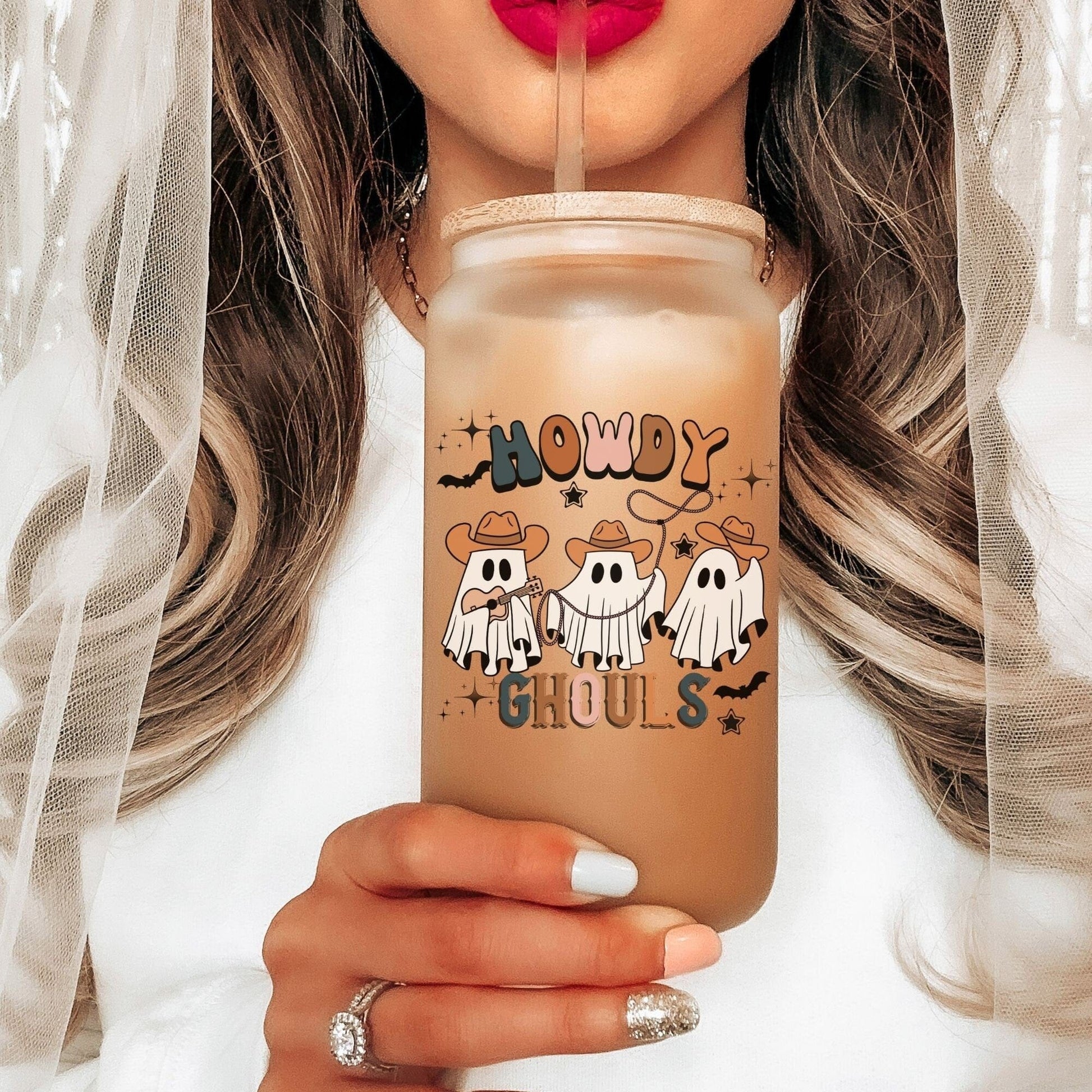 Howdy Ghouls Frosted Iced Coffee Cup Funny Cowboy Ghost Halloween Tumbler with Straw Western Halloween 16oz beer Glass Can Tumbler Gift