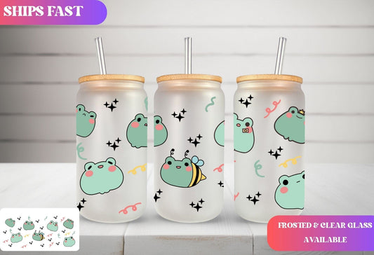Frog Kawaii Frosted Iced Coffee Cup Funny Cute Frog Lover Gift Tumbler with Straw Frog Gifts Glass Can Tumbler Froggy Glass Cup with lid