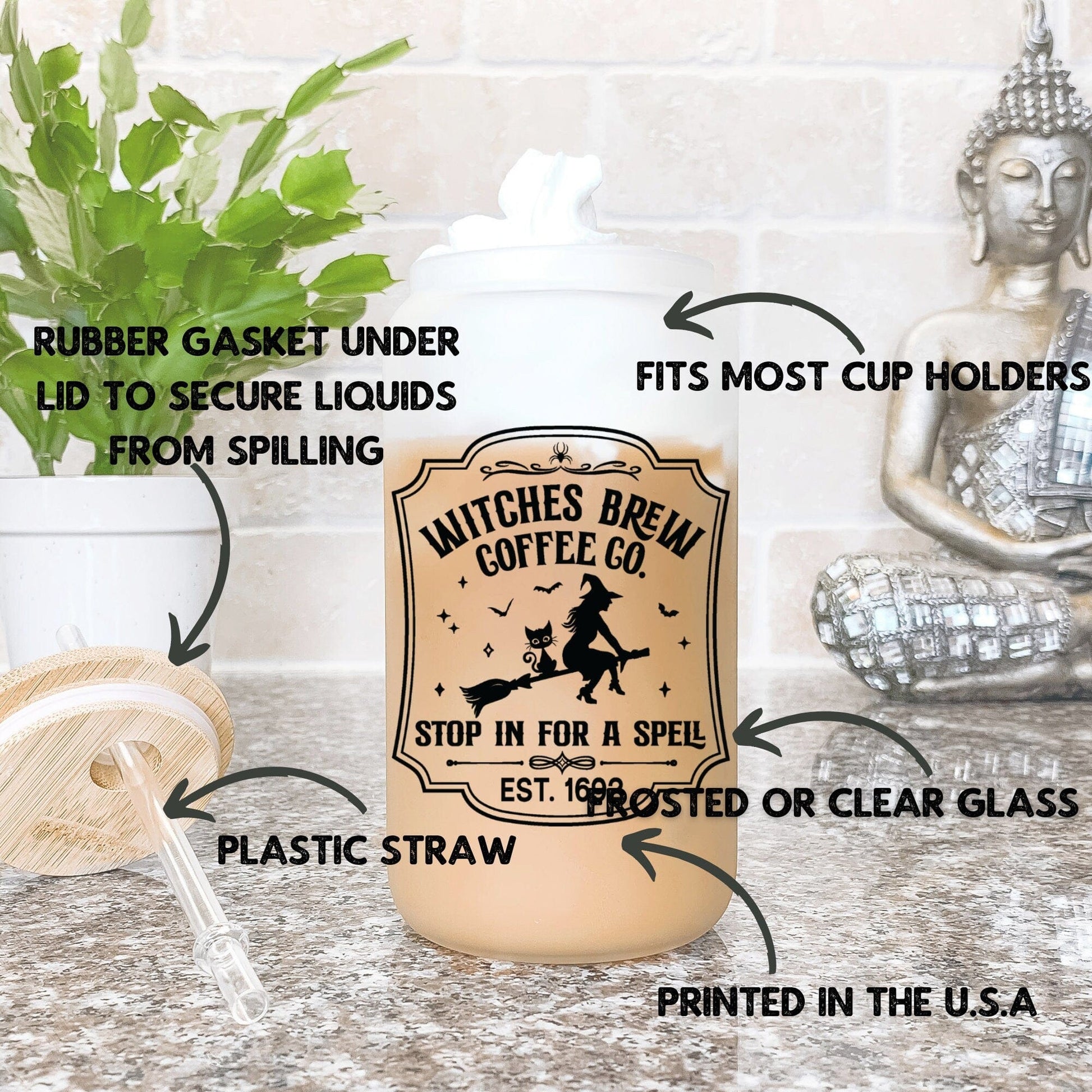 Witches Brew Coffee Co Iced Coffee Cup, Fall Glass Tumbler, Frosted Glass Halloween Mug, Potion Iced Coffee Can with Bamboo Lid and Straw