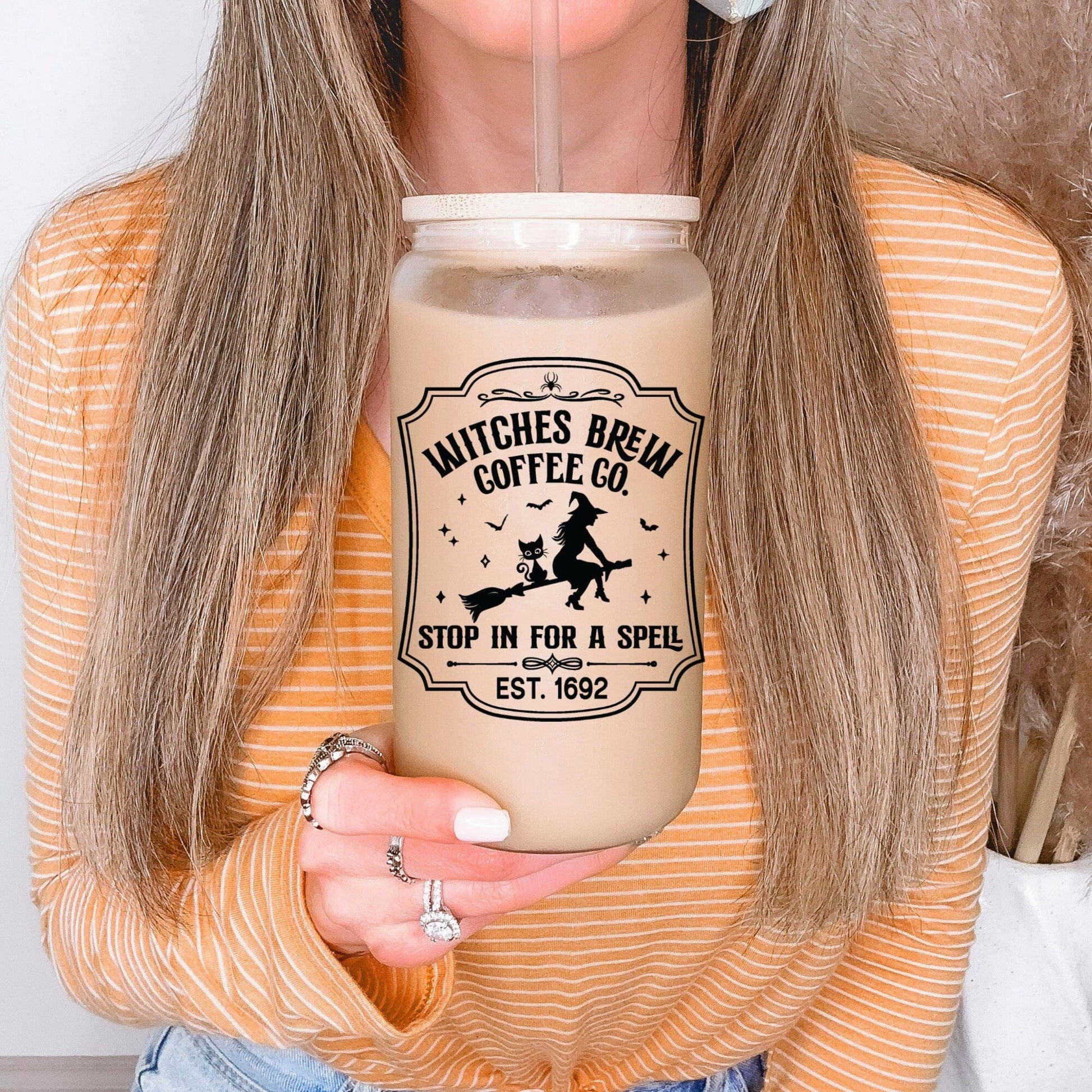 Witches Brew Coffee Co Iced Coffee Cup, Fall Glass Tumbler, Frosted Glass Halloween Mug, Potion Iced Coffee Can with Bamboo Lid and Straw