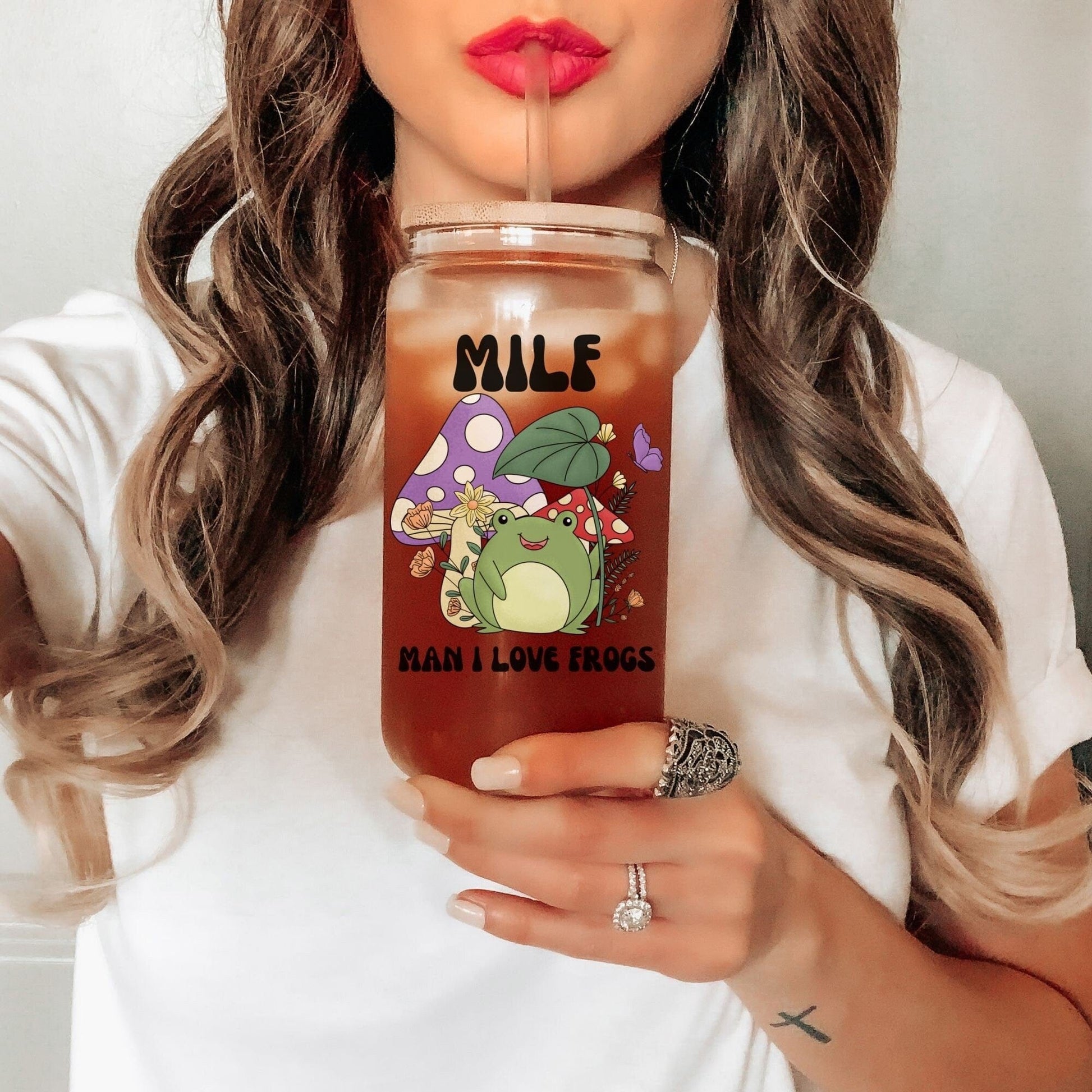 MILF Retro Frog Frosted Iced Coffee Cup Funny Toad Frog Lover Gift Tumbler with Straw Cottagecore Froggy Glass Can Tumbler Froggy Glass Cup