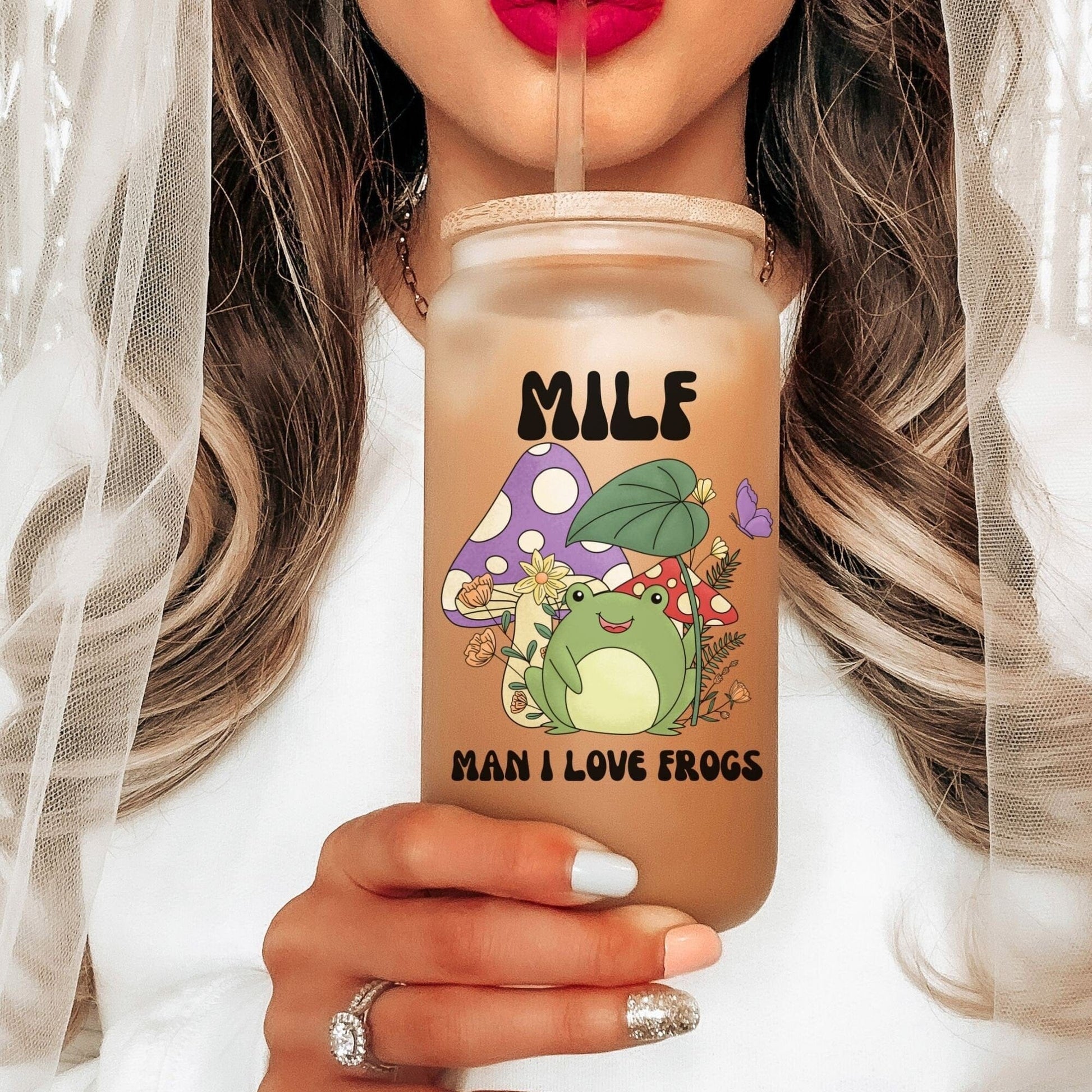 MILF Retro Frog Frosted Iced Coffee Cup Funny Toad Frog Lover Gift Tumbler with Straw Cottagecore Froggy Glass Can Tumbler Froggy Glass Cup