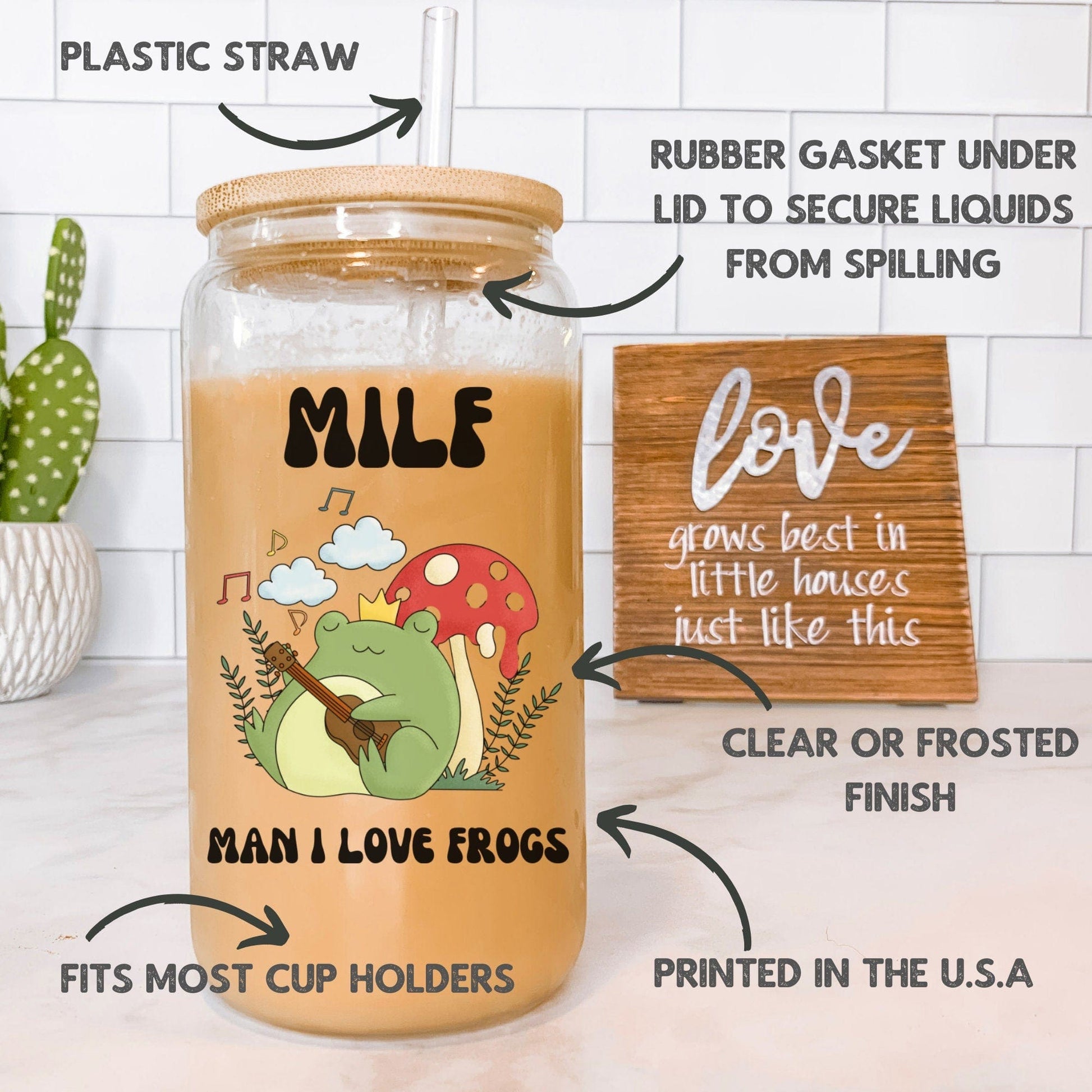 MILF Retro Frog Frosted Iced Coffee Cup Funny Toad Frog Lover Gift Tumbler with Straw Cottagecore Froggy Glass Can Tumbler Froggy Glass Cup