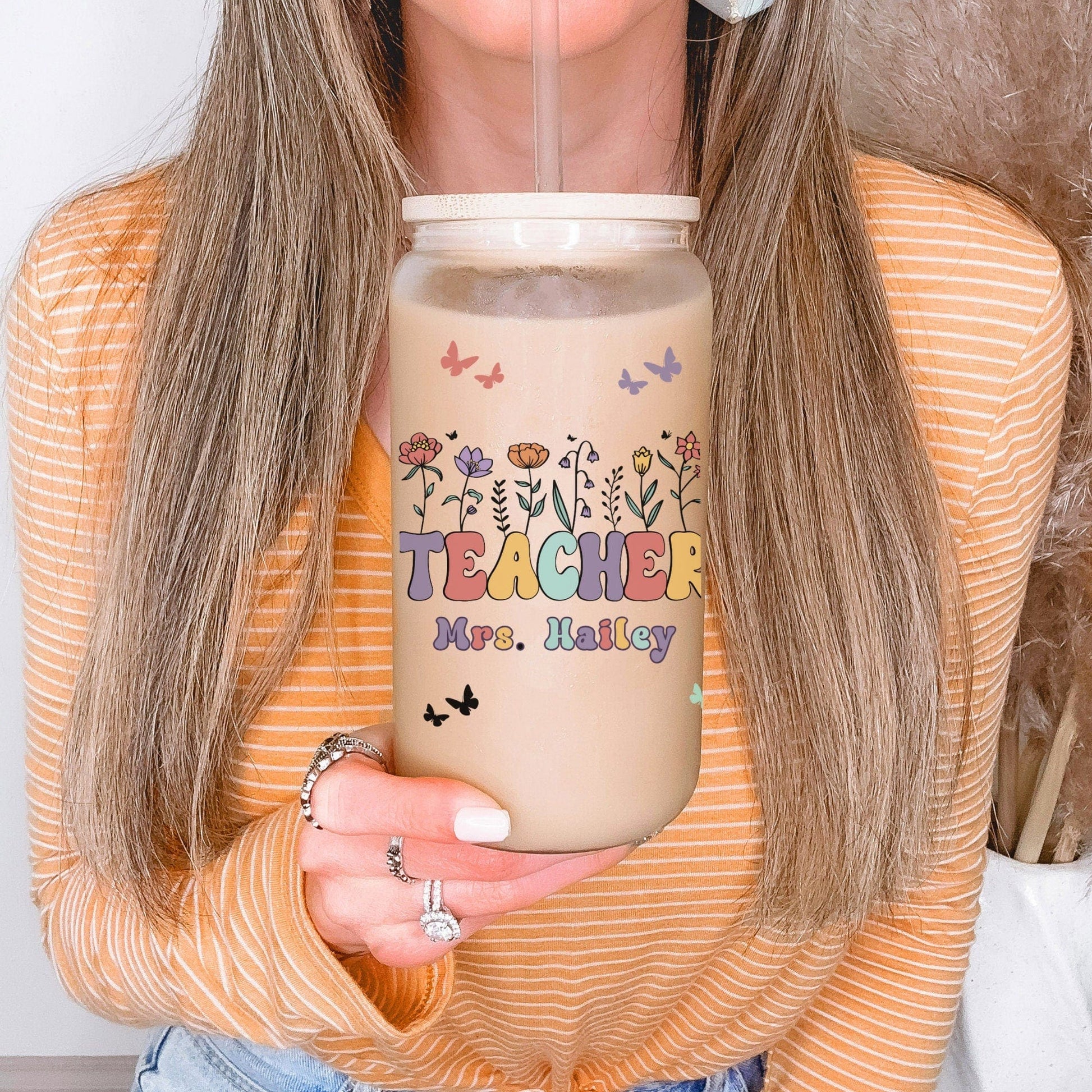 Teacher Custom Frosted Iced Coffee Cup Personalized Teacher Gift Tumbler with Straw Elementary Teacher Glass Can Tumbler New Teacher Cup