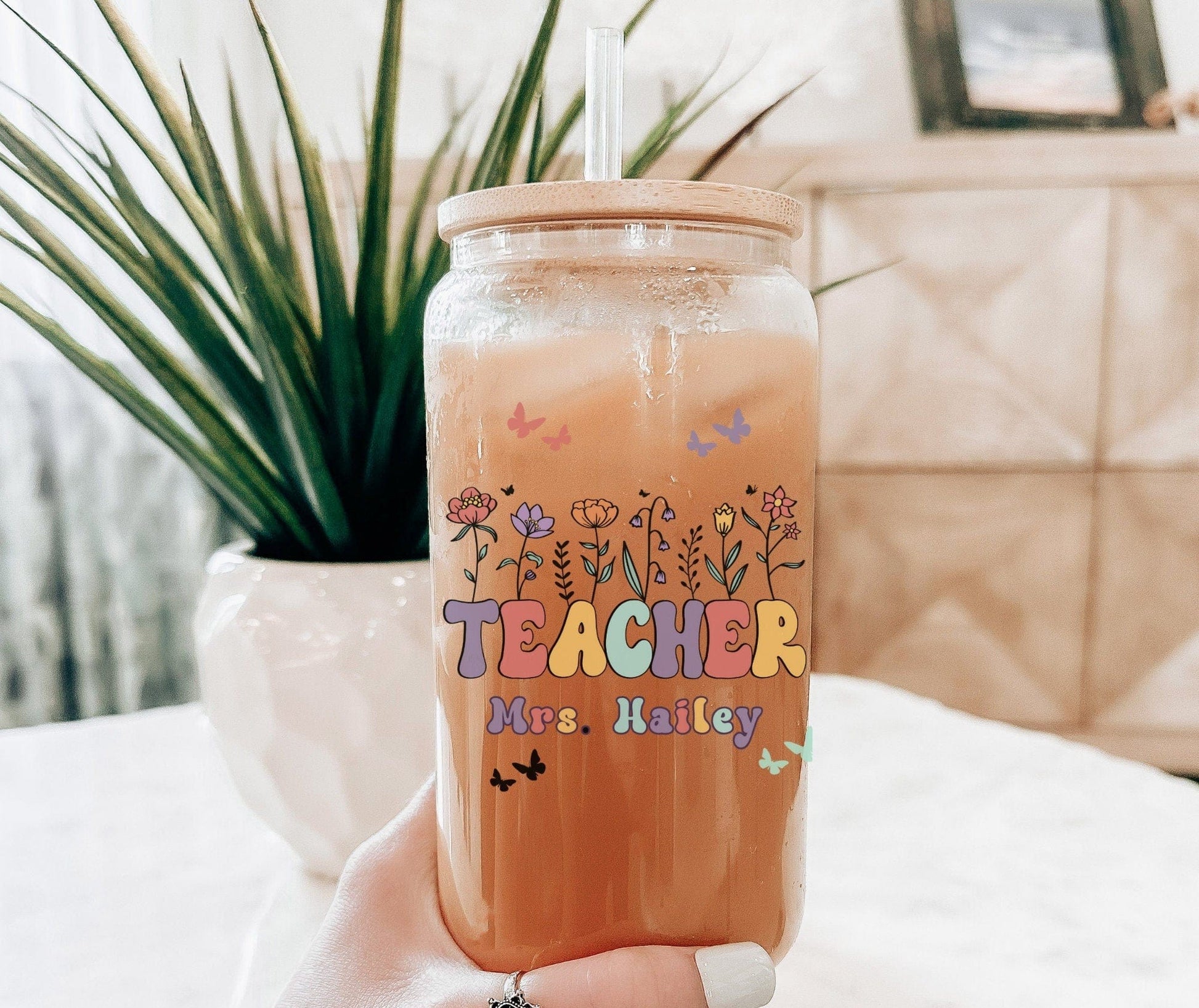 Teacher Custom Frosted Iced Coffee Cup Personalized Teacher Gift Tumbler with Straw Elementary Teacher Glass Can Tumbler New Teacher Cup