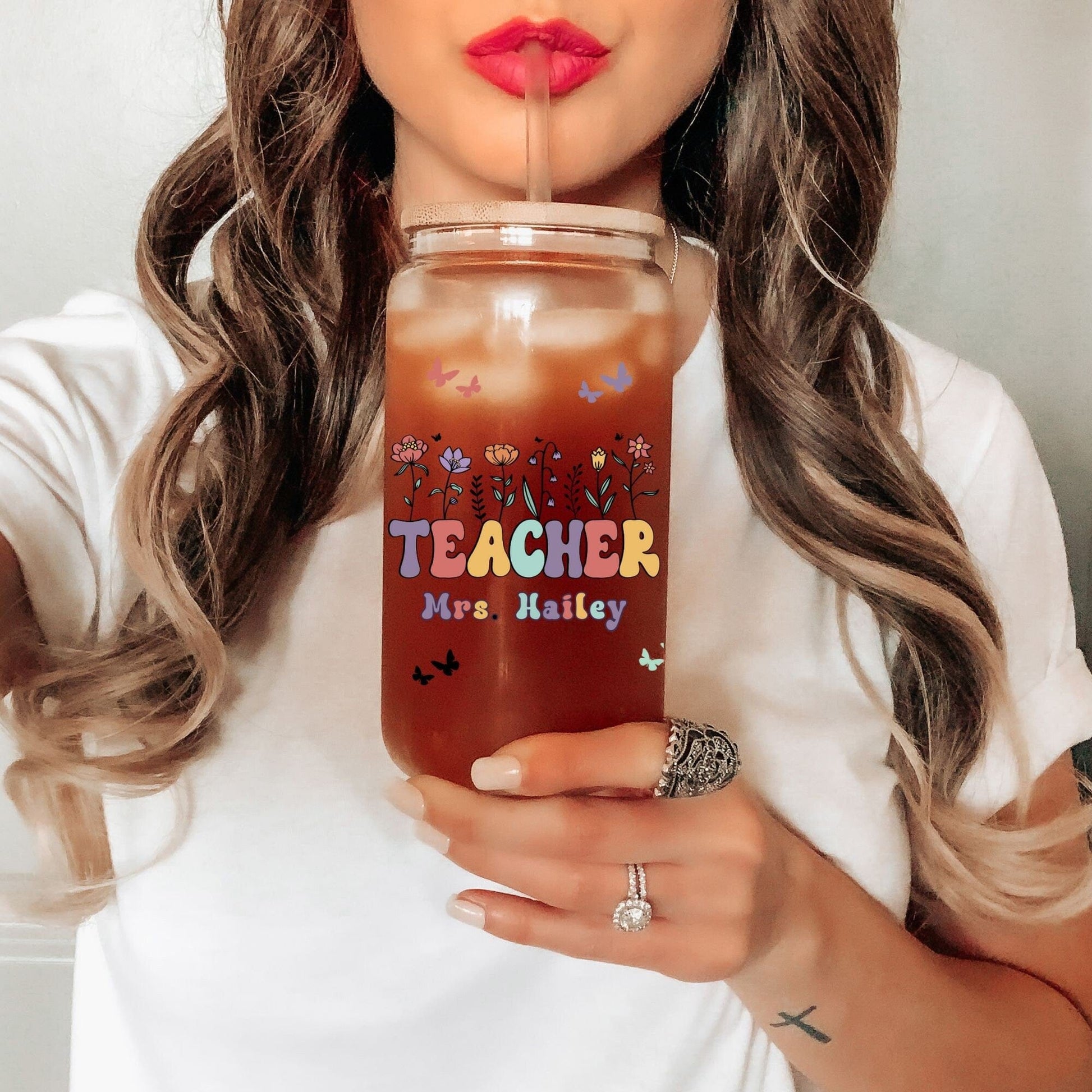 Teacher Custom Frosted Iced Coffee Cup Personalized Teacher Gift Tumbler with Straw Elementary Teacher Glass Can Tumbler New Teacher Cup