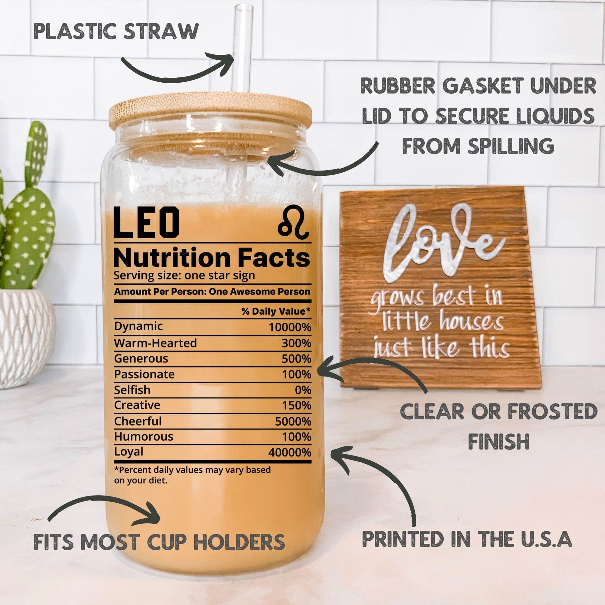 Zodiac Horoscope Nutrition Facts Glass Frosted Can Coffee Glass Cup Astrology Cup with Lid Spiritual Tumbler Personalize Gift Birth Month