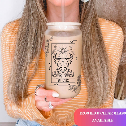 Tarot Card Zodiac Horoscope Glass Frosted Can Coffee Glass Cup Astrology Cup with Lid Celestial Tumbler Gifts Birth Month Constellation