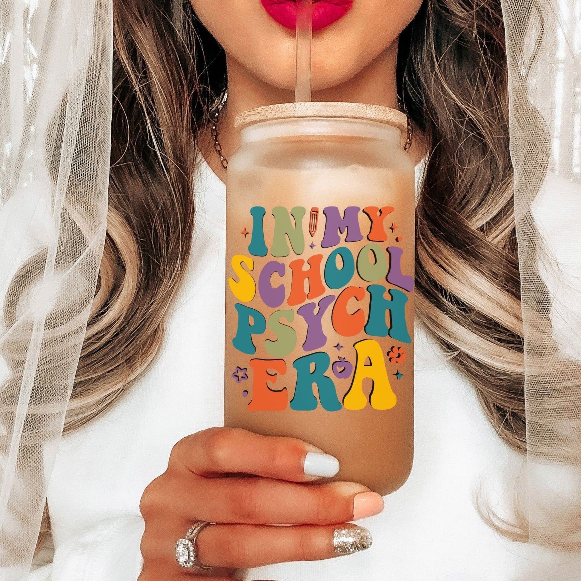 School Psychologist Glass Frosted Coffee Cup In my School Psych Era Cup with Lid Retro Therapist Tumbler Gift Social Worker School Counselor