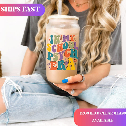 School Psychologist Glass Frosted Coffee Cup In my School Psych Era Cup with Lid Retro Therapist Tumbler Gift Social Worker School Counselor