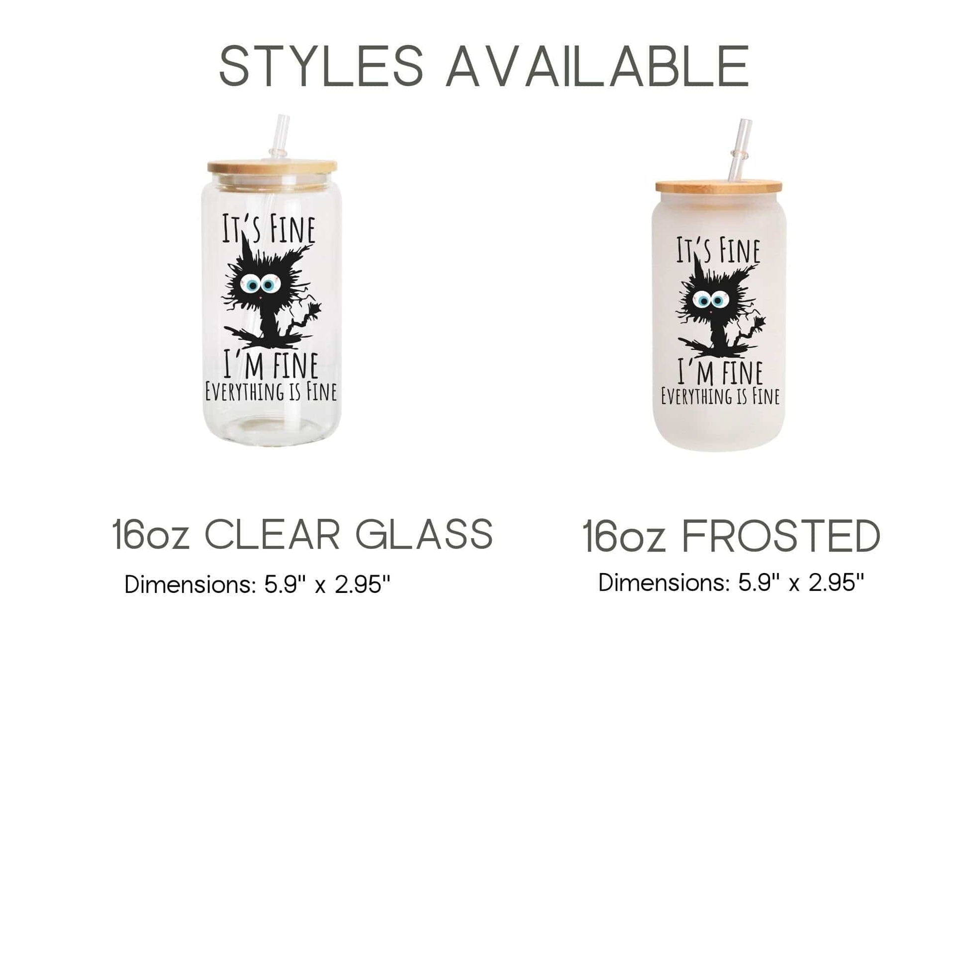 It's Fine I'm fine everything is fine Glass Frosted Coffee Cup Funny Cat Cup with Lid Retro Sarcasm Tumbler Coworker Secret Santa Gift