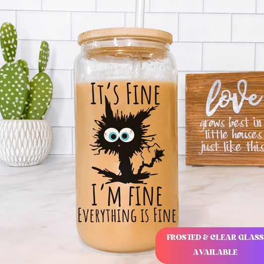 It's Fine I'm fine everything is fine Glass Frosted Coffee Cup Funny Cat Cup with Lid Retro Sarcasm Tumbler Coworker Secret Santa Gift