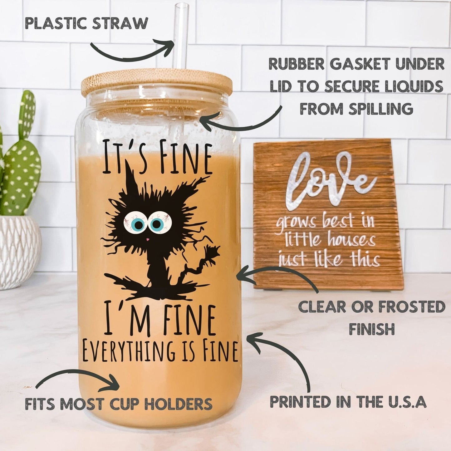 It's Fine I'm fine everything is fine Glass Frosted Coffee Cup Funny Cat Cup with Lid Retro Sarcasm Tumbler Coworker Secret Santa Gift
