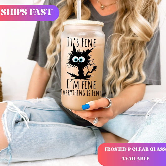 It's Fine I'm fine everything is fine Glass Frosted Coffee Cup Funny Cat Cup with Lid Retro Sarcasm Tumbler Coworker Secret Santa Gift