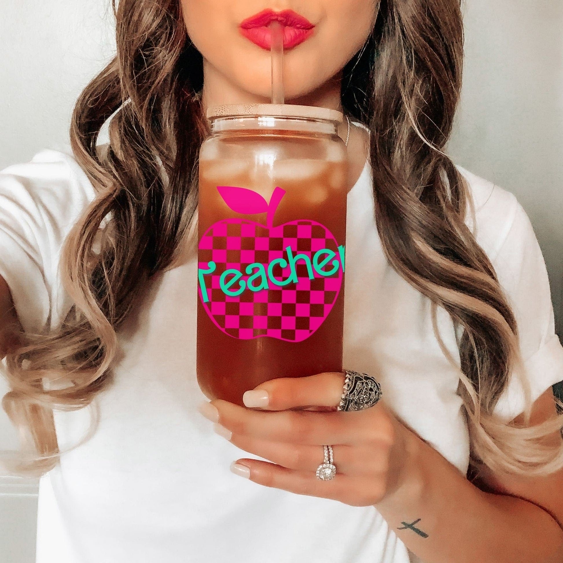 Teacher Iced Coffee Cup Retro Hot pink Personalized Teacher Frosted Tumbler with Straw Elementary teacher custom glass cup Teacher tumbler