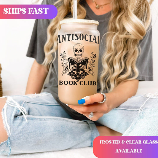 Anti Social Book Club Iced Coffee Cup Booktrovert Frosted Tumblers Bookish Gift Book Lover gift Tumbler & straw Gift Funny Reading Glass Can