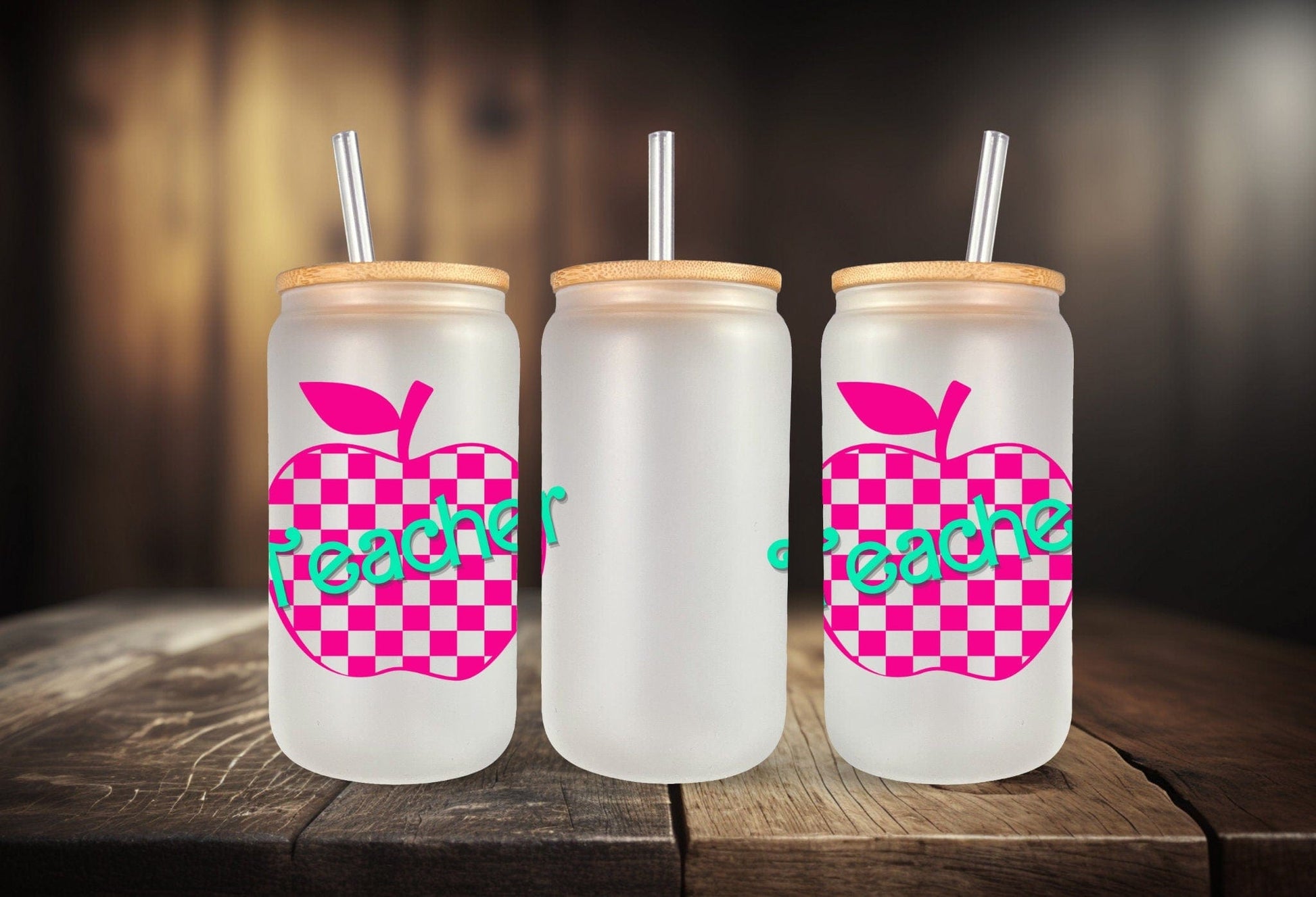 Teacher Iced Coffee Cup Retro Hot pink Personalized Teacher Frosted Tumbler with Straw Elementary teacher custom glass cup Teacher tumbler