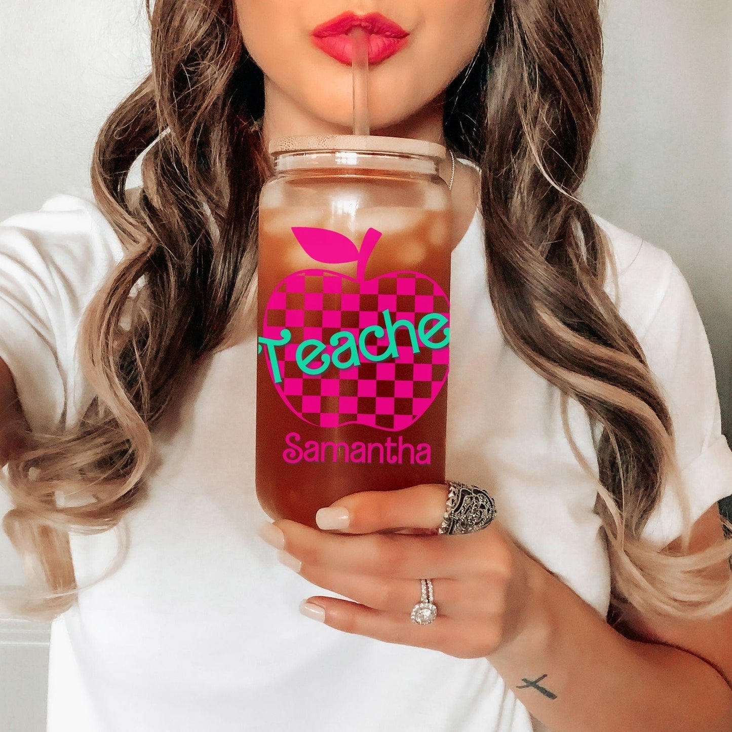 Teacher Iced Coffee Cup Retro Hot pink Personalized Teacher Frosted Tumbler with Straw Elementary teacher custom glass cup Teacher tumbler