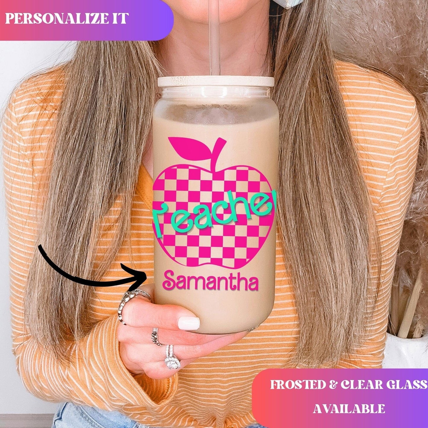 Teacher Iced Coffee Cup Retro Hot pink Personalized Teacher Frosted Tumbler with Straw Elementary teacher custom glass cup Teacher tumbler
