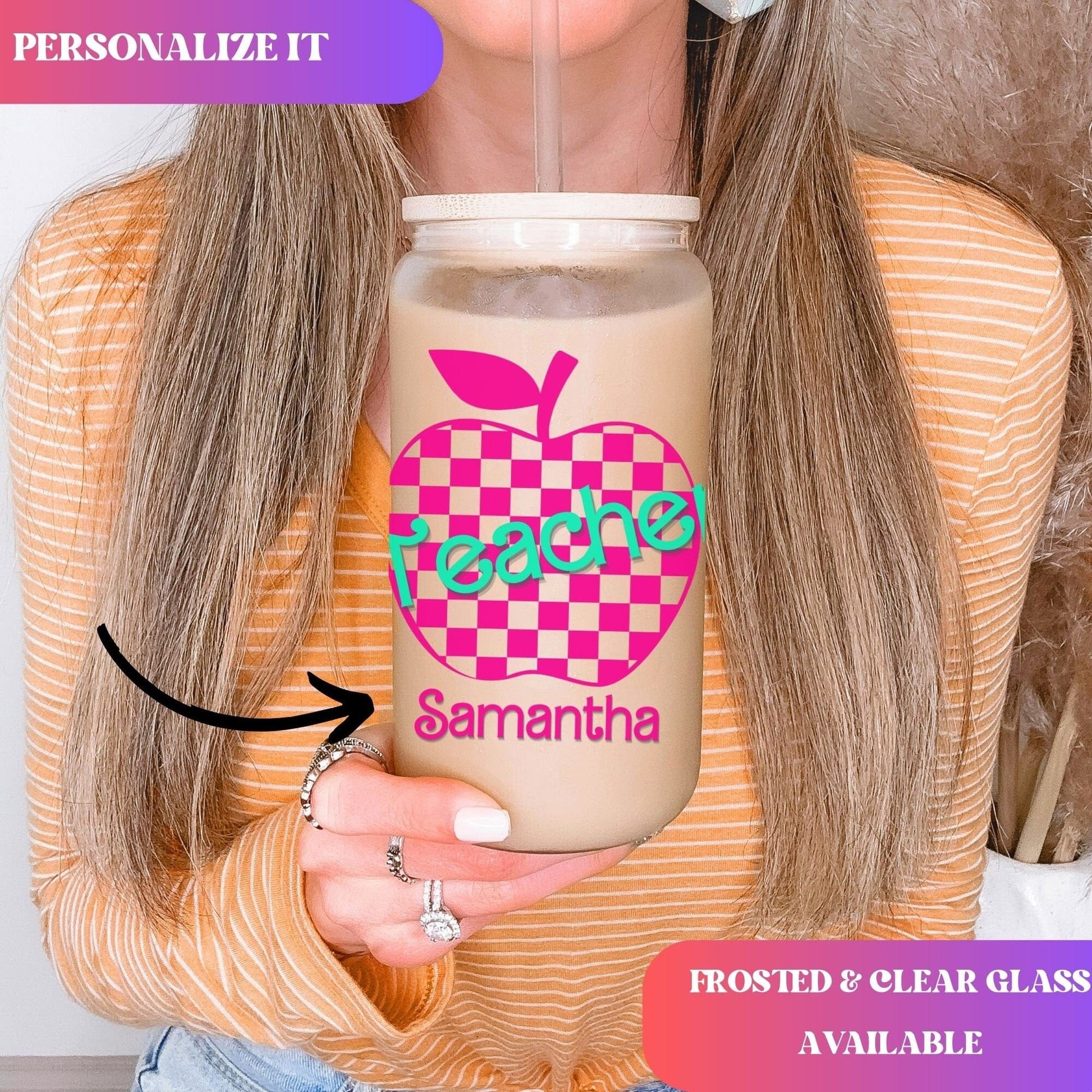 Teacher Iced Coffee Cup Retro Hot pink Personalized Teacher Frosted Tumbler with Straw Elementary teacher custom glass cup Teacher tumbler