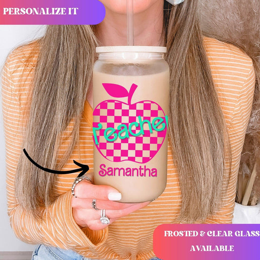 Teacher Iced Coffee Cup Retro Hot pink Personalized Teacher Frosted Tumbler with Straw Elementary teacher custom glass cup Teacher tumbler