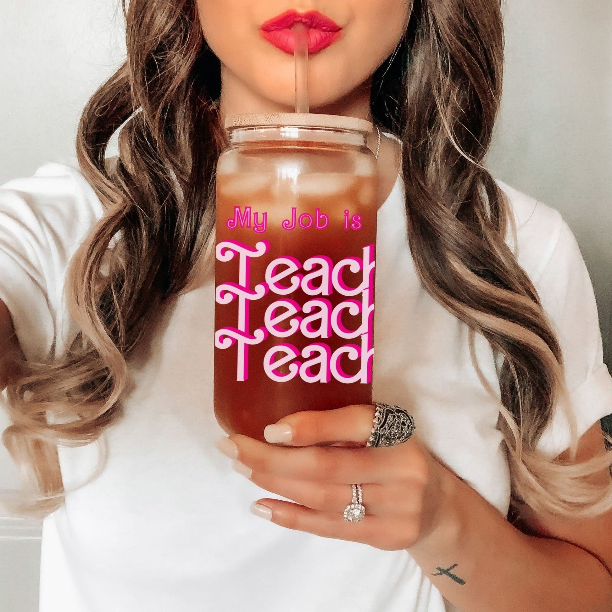 My Job is Teach Iced Coffee Cup Retro Hot pink Teacher Frosted Tumbler with Straw Funny Teach glass cup Teacher tumbler gifts for teacher