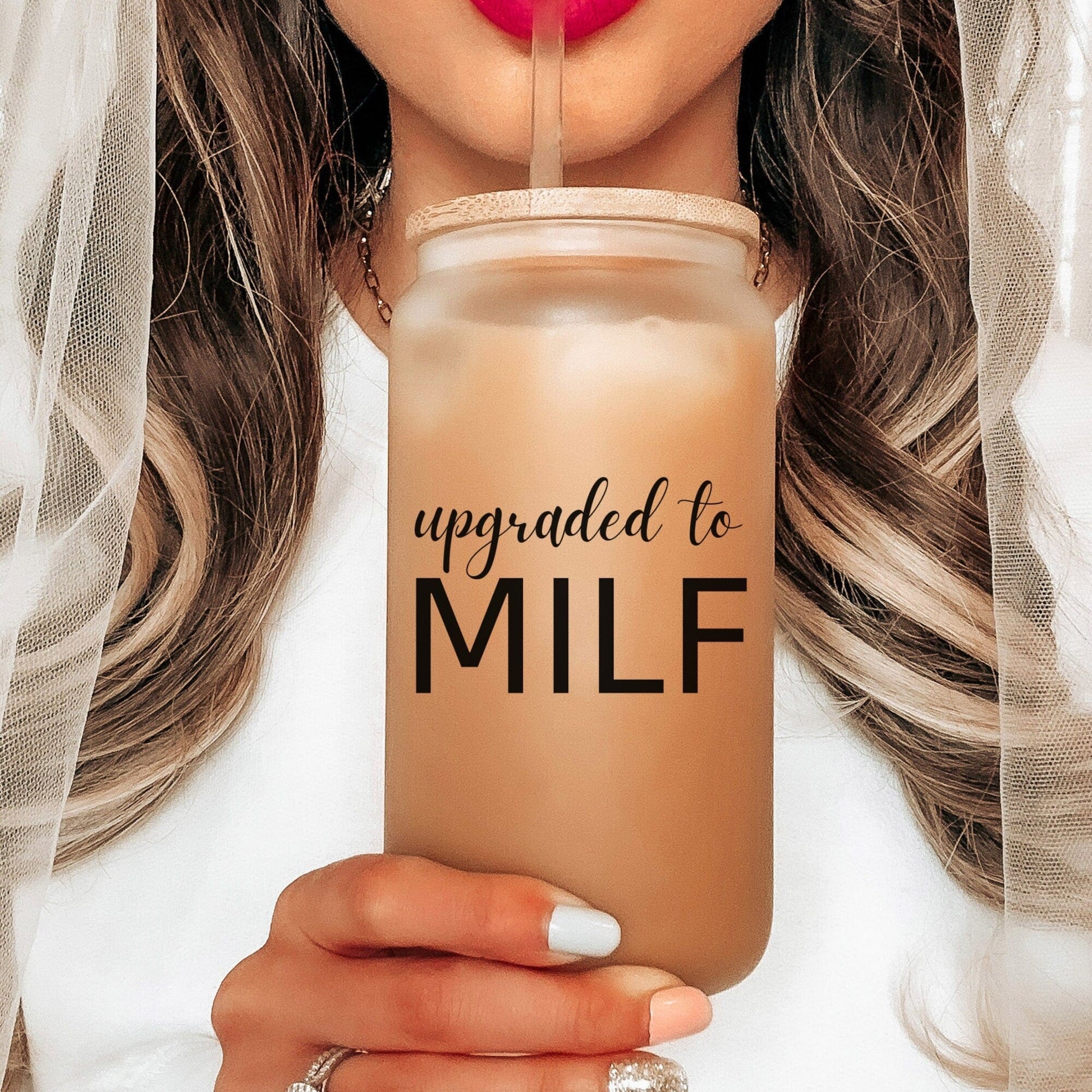 Upgraded to MILF Iced Coffee Cup Expecting Mom Coffee Tumbler New Mom Glass Can First Time mom Pregnancy Gifts Baby Mom to be Shower Gift
