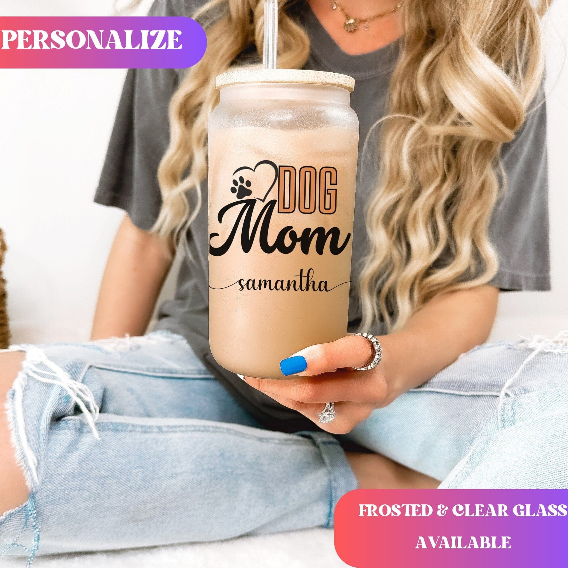Custom Dog Mom Beer can glass with bamboo Lid Dog Mom Glass mug Cat Mom Iced Coffee Cup Dog Lover Gift Cat Lover Gift Dog New Dog New Pet