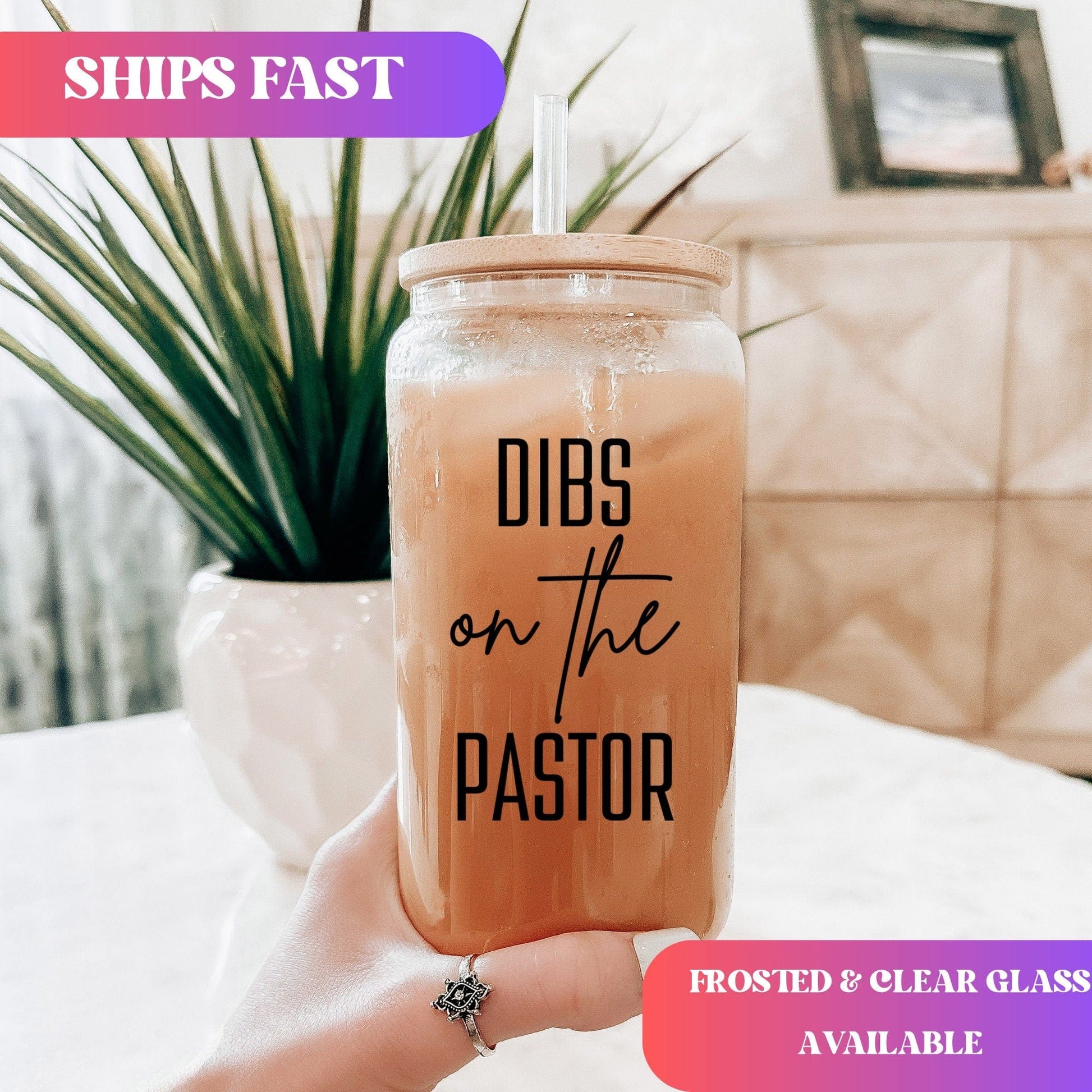 Dibs on the pastor Iced Coffee Cup Personalized Preacher Coffee Frosted Tumbler Pastors wife Glass Tumbler with straw Preacher's Wife gifts
