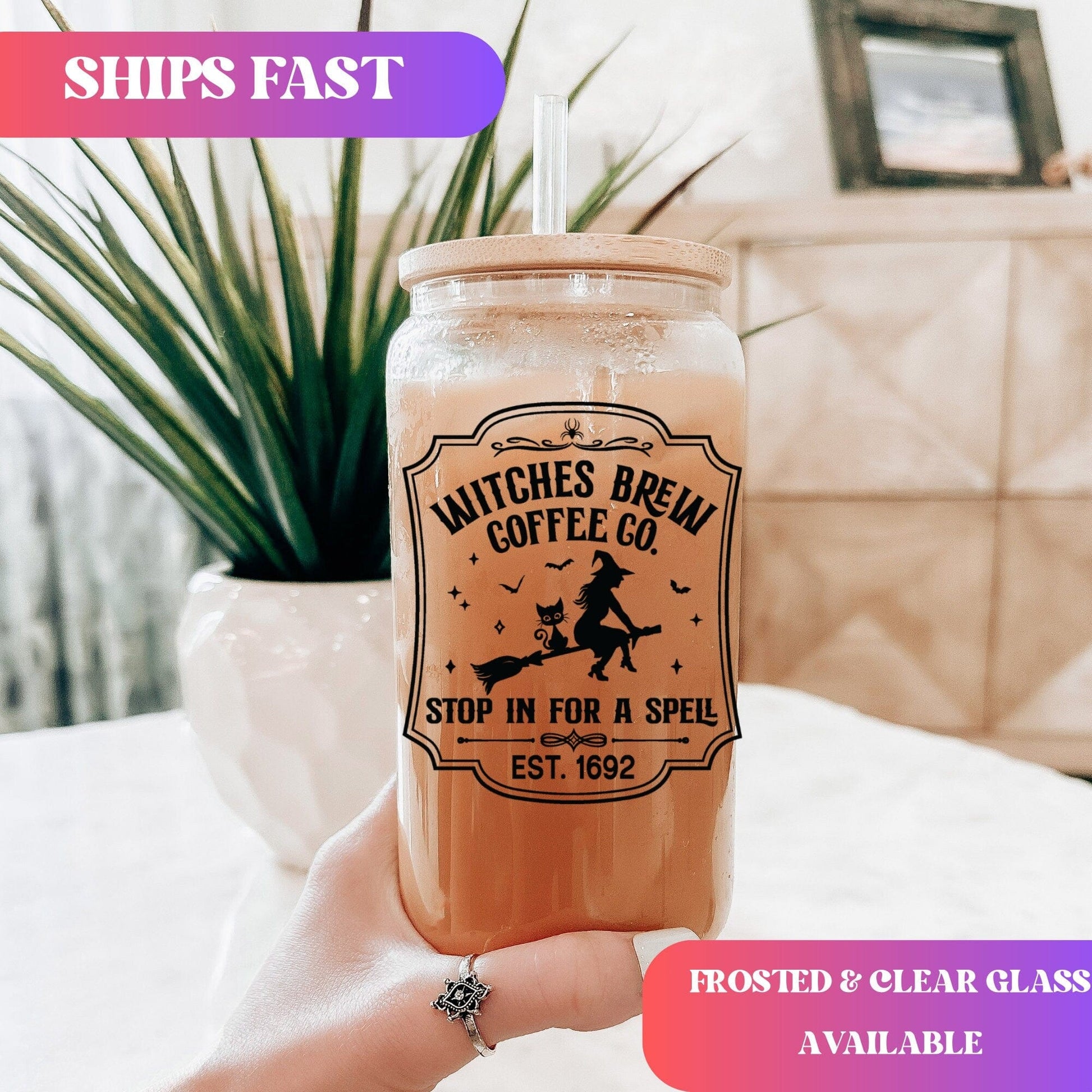 Witches Brew Coffee Co Iced Coffee Cup, Fall Glass Tumbler, Frosted Glass Halloween Mug, Potion Iced Coffee Can with Bamboo Lid and Straw