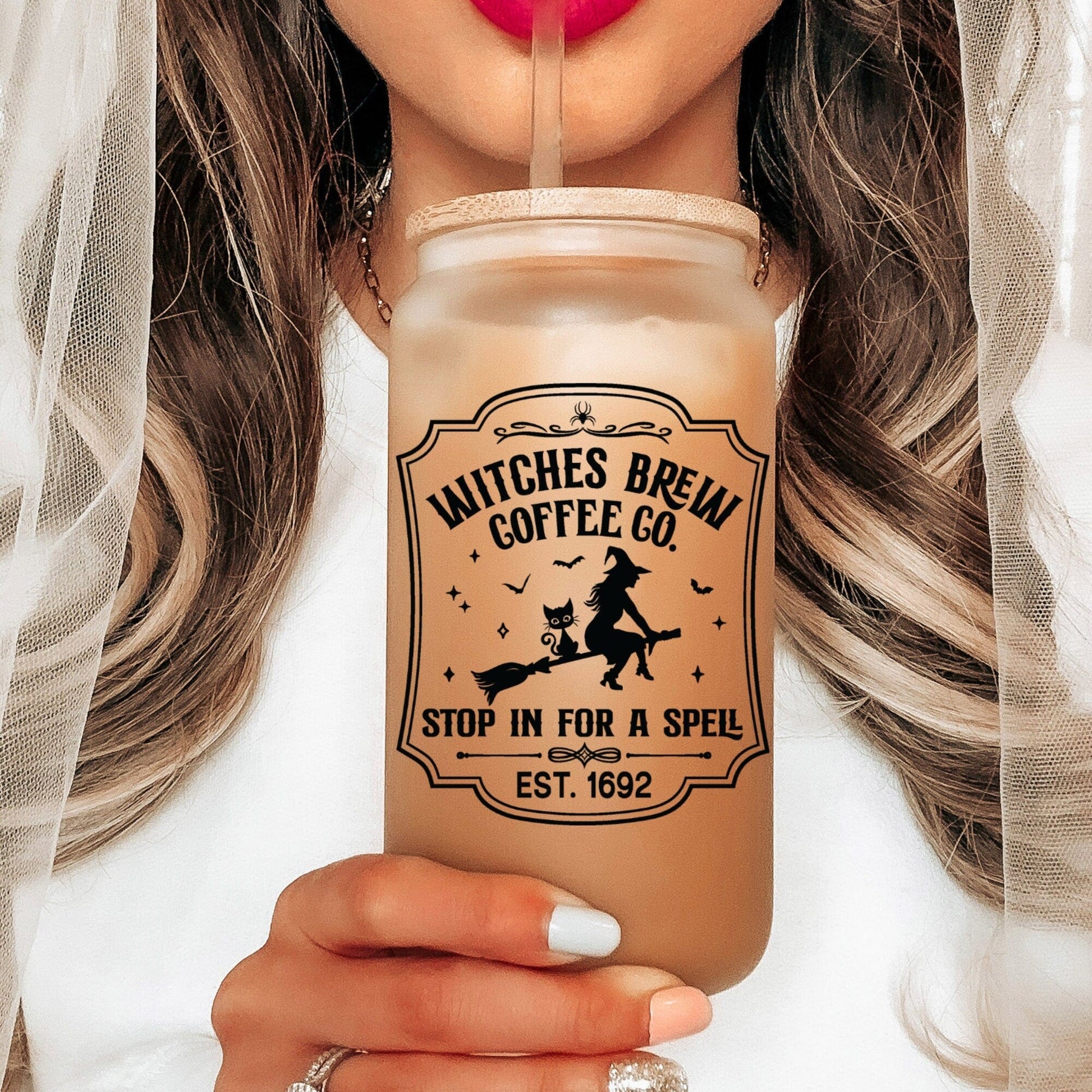 Witches Brew Coffee Co Iced Coffee Cup, Fall Glass Tumbler, Frosted Glass Halloween Mug, Potion Iced Coffee Can with Bamboo Lid and Straw