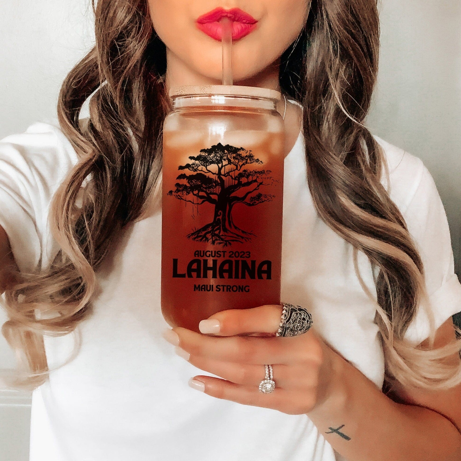 Lahaina Maui Strong Frosted Iced Coffee Cup Support for Maui Tumbler with Straw Elementary Teacher Glass Can Tumbler Lahaina Banyan Tree Cup