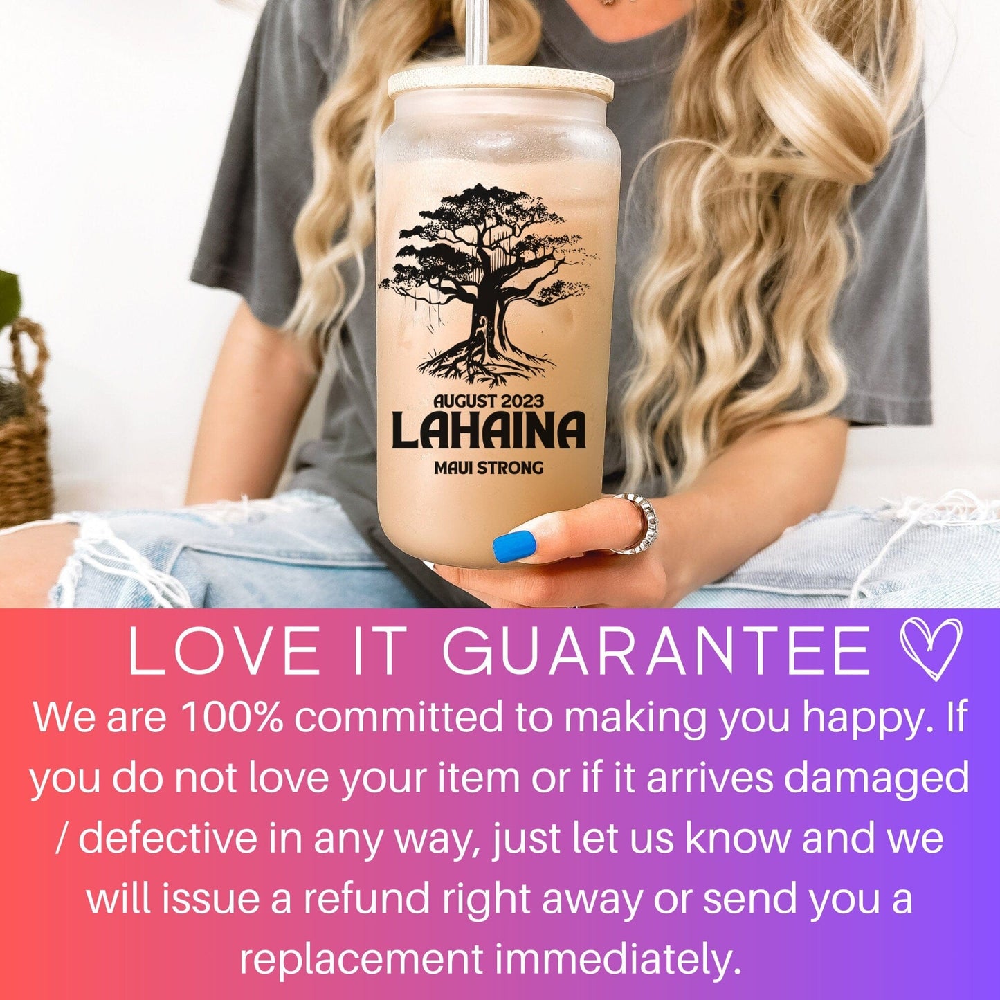 Lahaina Maui Strong Frosted Iced Coffee Cup Support for Maui Tumbler with Straw Elementary Teacher Glass Can Tumbler Lahaina Banyan Tree Cup