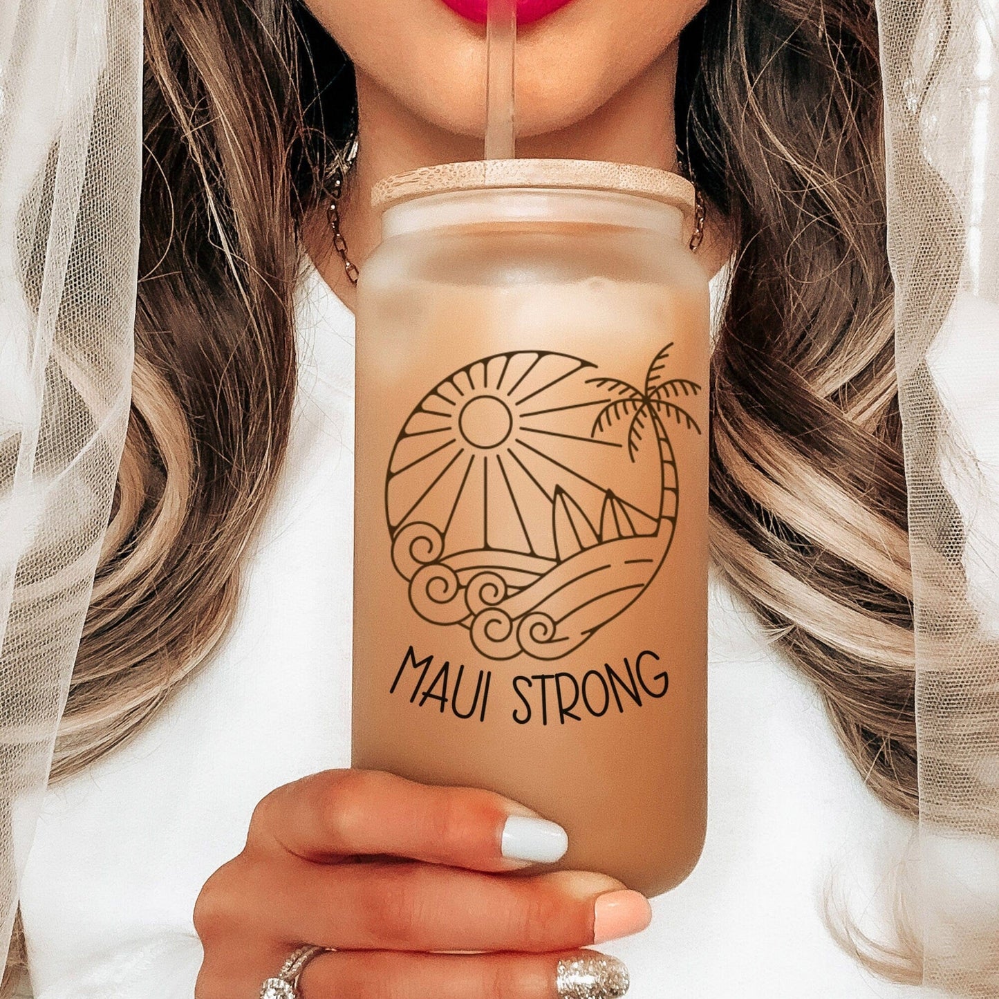 Lahaina Maui Strong Frosted Iced Coffee Cup Support for Maui Tumbler with Straw Elementary Teacher Glass Can Tumbler Lahaina Strong Cup