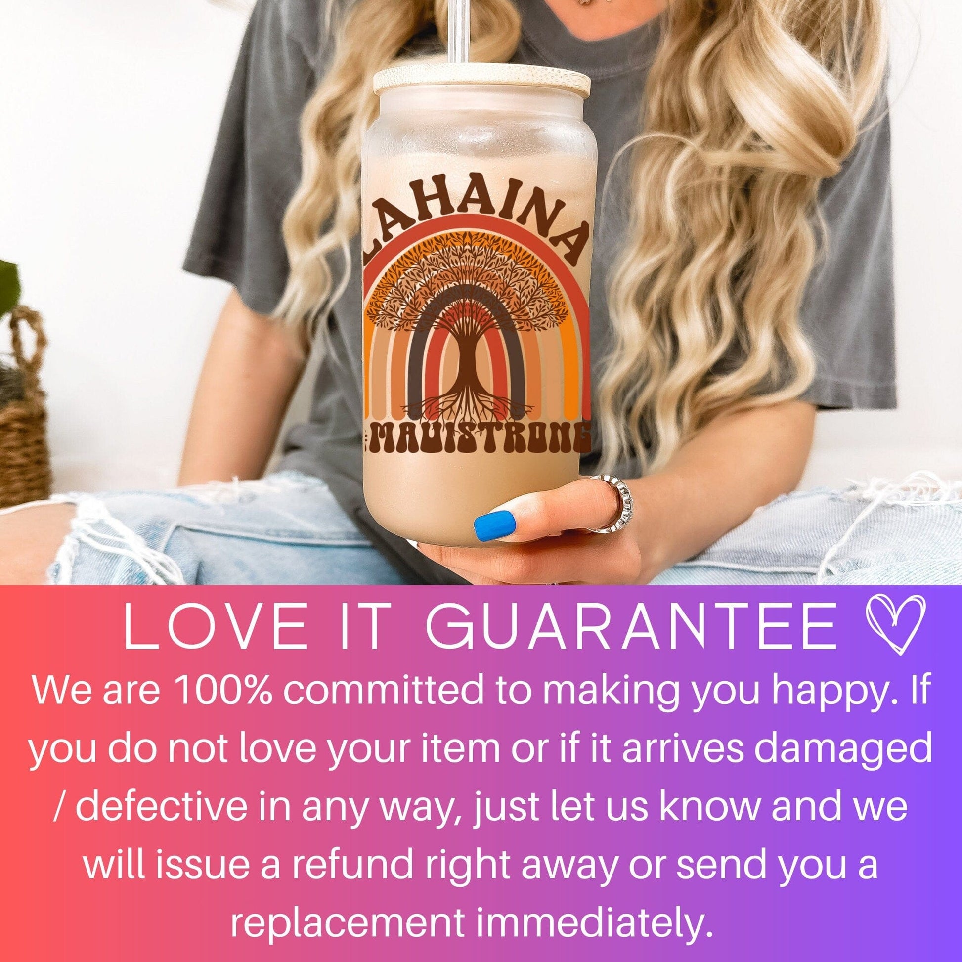Lahaina Maui Strong Frosted Iced Coffee Cup Support for Maui Tumbler with Straw Elementary Teacher Glass Can Tumbler Lahaina Strong Cup