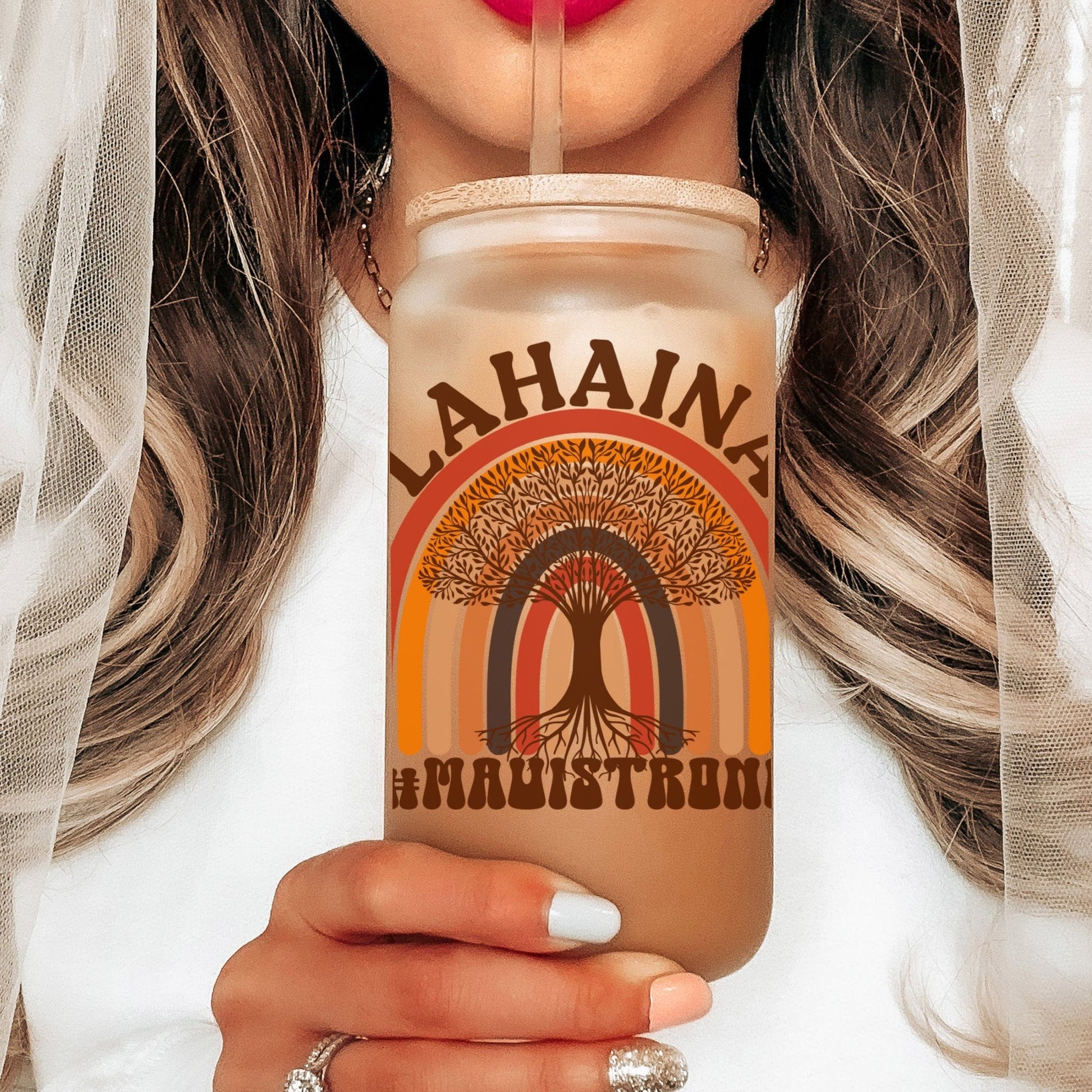 Lahaina Maui Strong Frosted Iced Coffee Cup Support for Maui Tumbler with Straw Elementary Teacher Glass Can Tumbler Lahaina Strong Cup