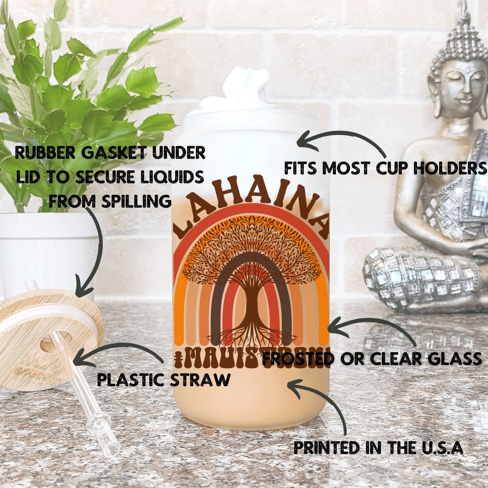 Lahaina Maui Strong Frosted Iced Coffee Cup Support for Maui Tumbler with Straw Elementary Teacher Glass Can Tumbler Lahaina Strong Cup