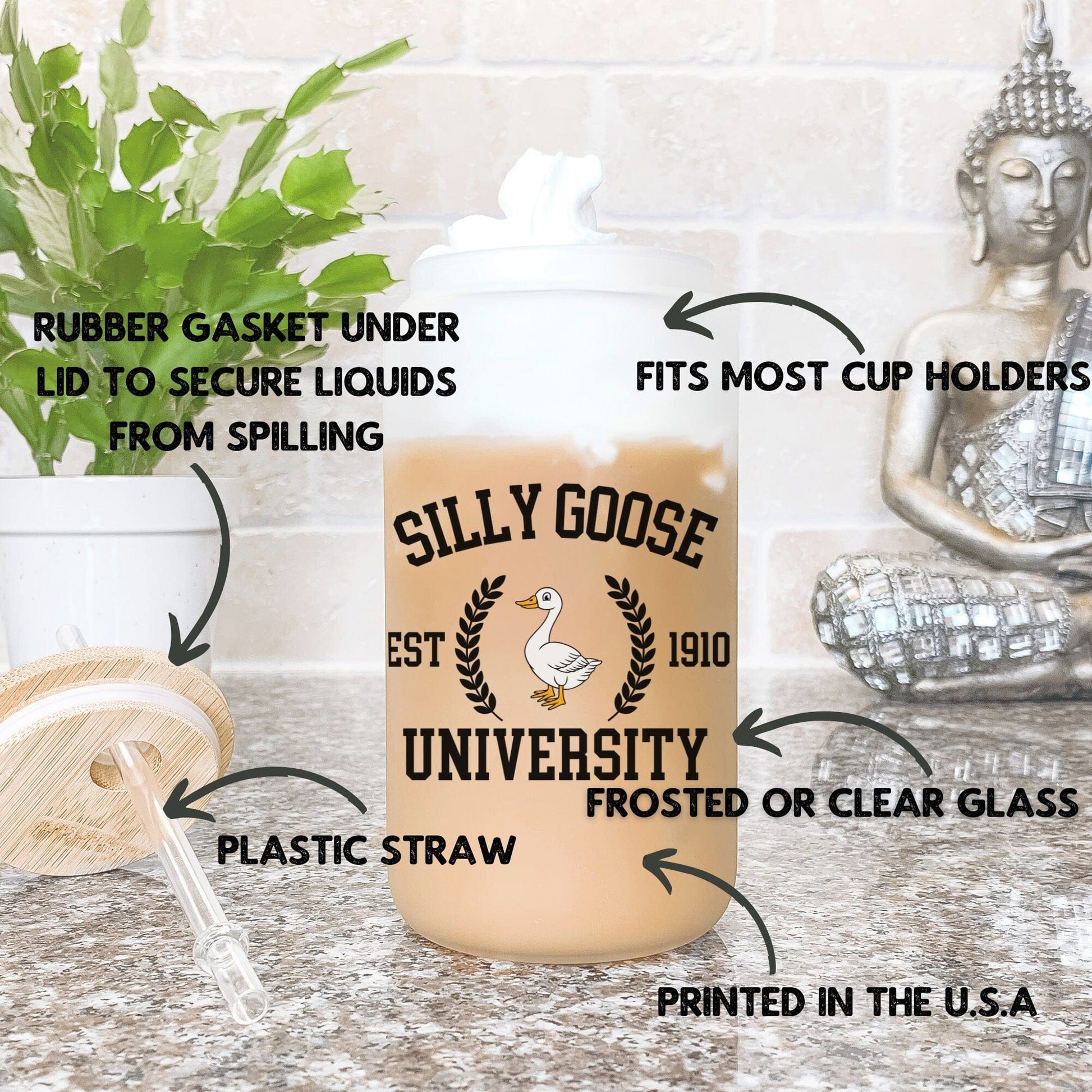 Silly Goose University Iced Coffee Cup Goose Bumps Frosted Coffee Tumbler with straw Funny Goose Beer Can Funny gift Fist bump Glass Tumbler